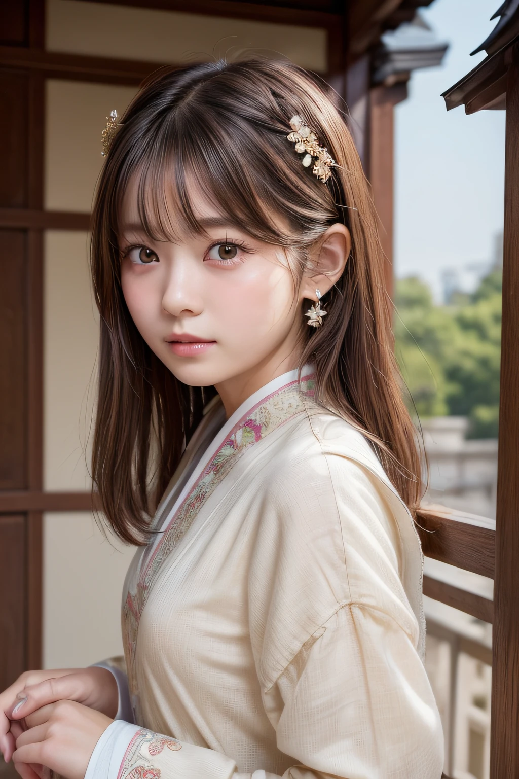 Top image quality、8K、masterpiece:1.3))、Realistic high-quality photos、top-quality、girl cute-fine face、 beautiful Japan girl、Photo of slim little girl Beautiful girl model、young japanese girl、Young cute face、japanaese girl、13-year-old femaleodeautifModel Girl、The innocent look of the girl next door、lovely delicate face、Brown hair、Beautiful brown eyes、Tear bag、drooing eyes、young body、(hair adornments:1.4)、There is an ancient palace next to the girl、chinese clothes、(Focus)、Color Ink Painting