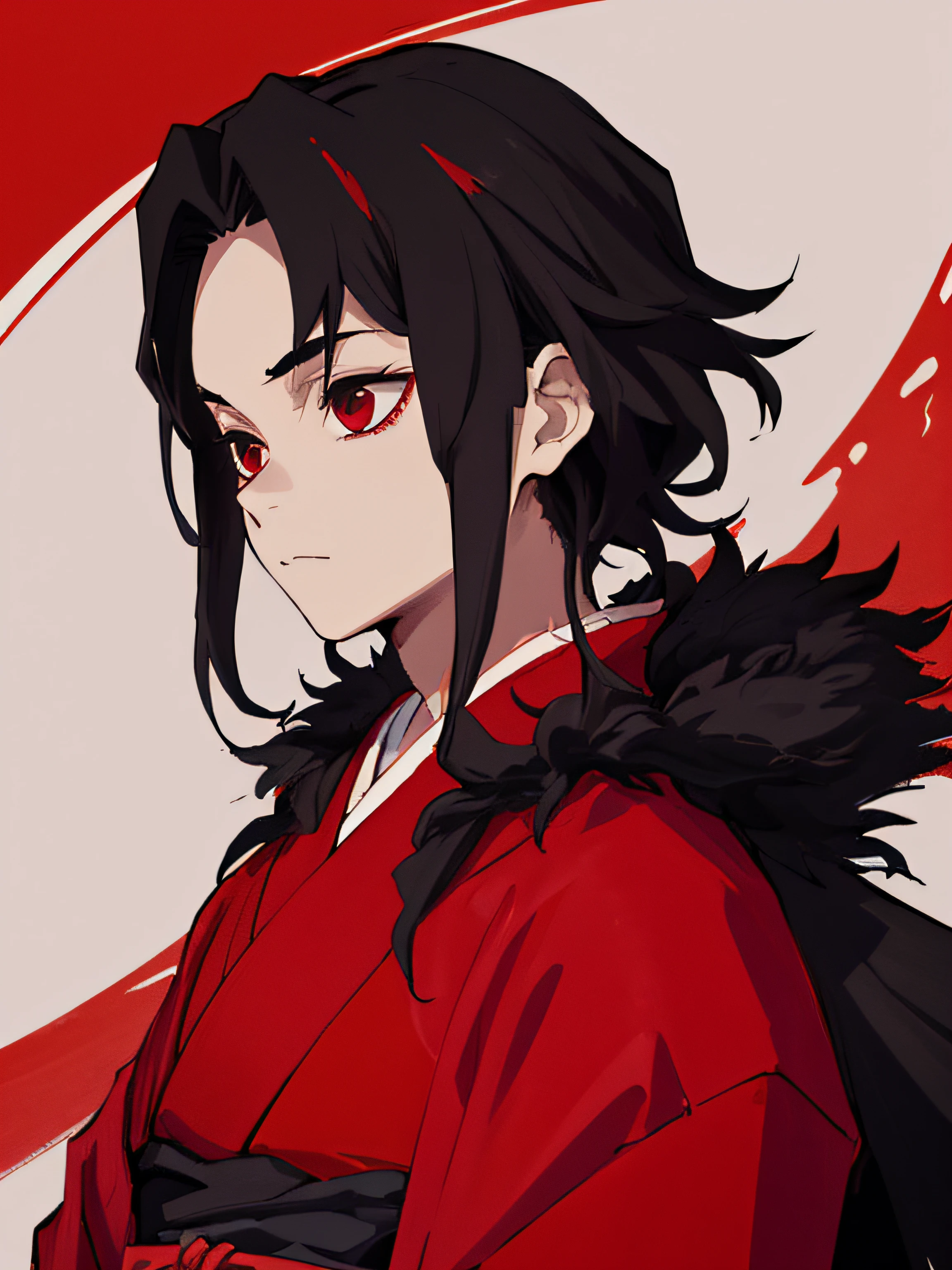 tmasterpiece, beste-Qualit, 独奏, 1boy, Vermilion hair, , dark kimono, upper-body, portraite of a, bloods, black detailed hair,