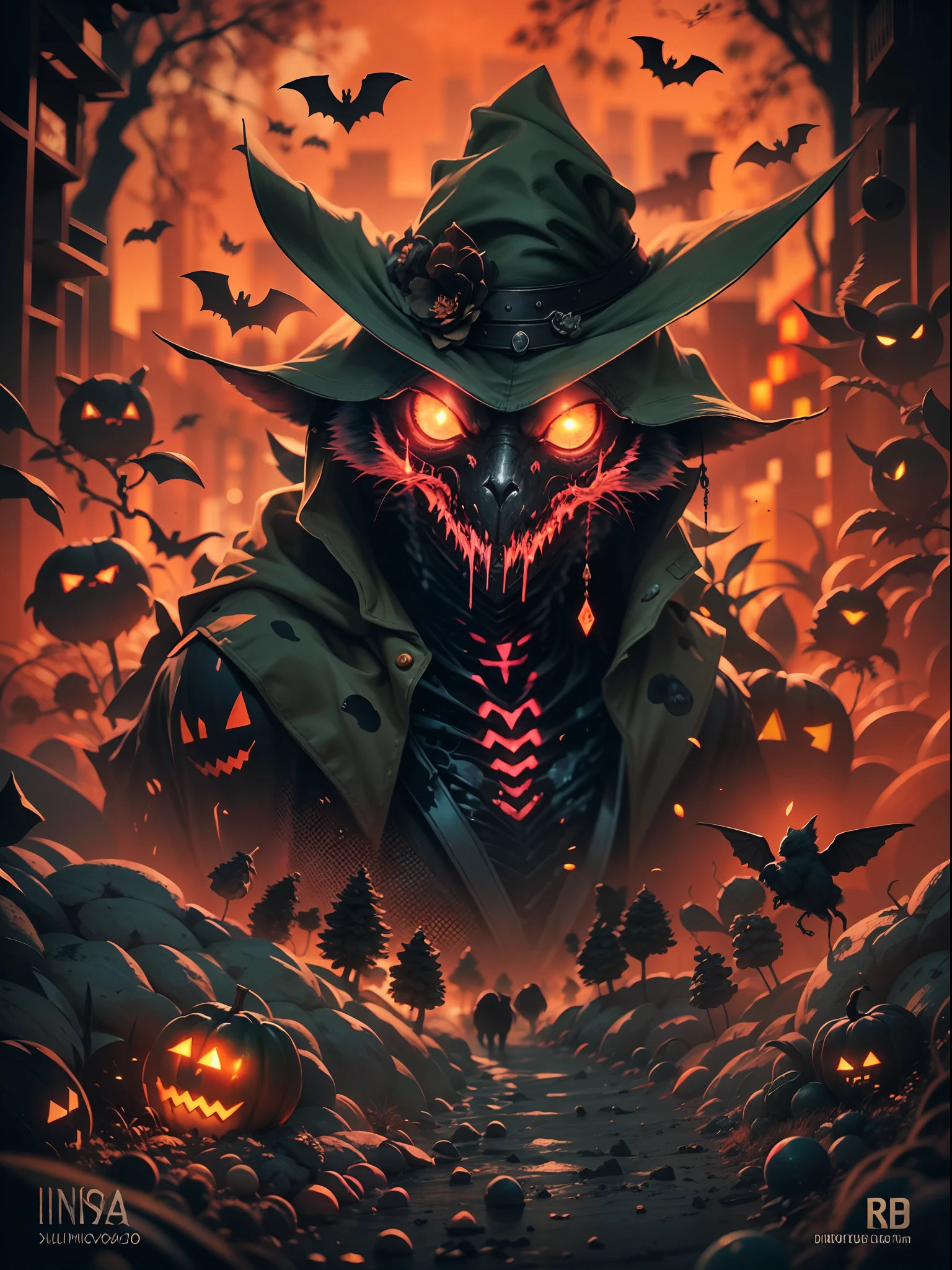 Silueta de un cazador en la ciudad de Yanan, transmitido por la sangre, ojos brillantes, T-shirt design, Dark Magic Splash, Gothic, halloween, degradado naranja quemado, magica, naturaleza, fondo limpio, Magic splash, arte vectorial 3D, fantasy art, Efecto acuarela, Bokeh, Adobe Illustrator, dibujado a mano, Pintura digital, Soft lighting, isometric style, retro aesthetic, 4k-resolution, usando Cinema 4D, natural  lighting, Kinematic, obra maestra, Altamente detallado, intrincado, textura extrema, horror, Terry Fassing, horripilante, asustadizo