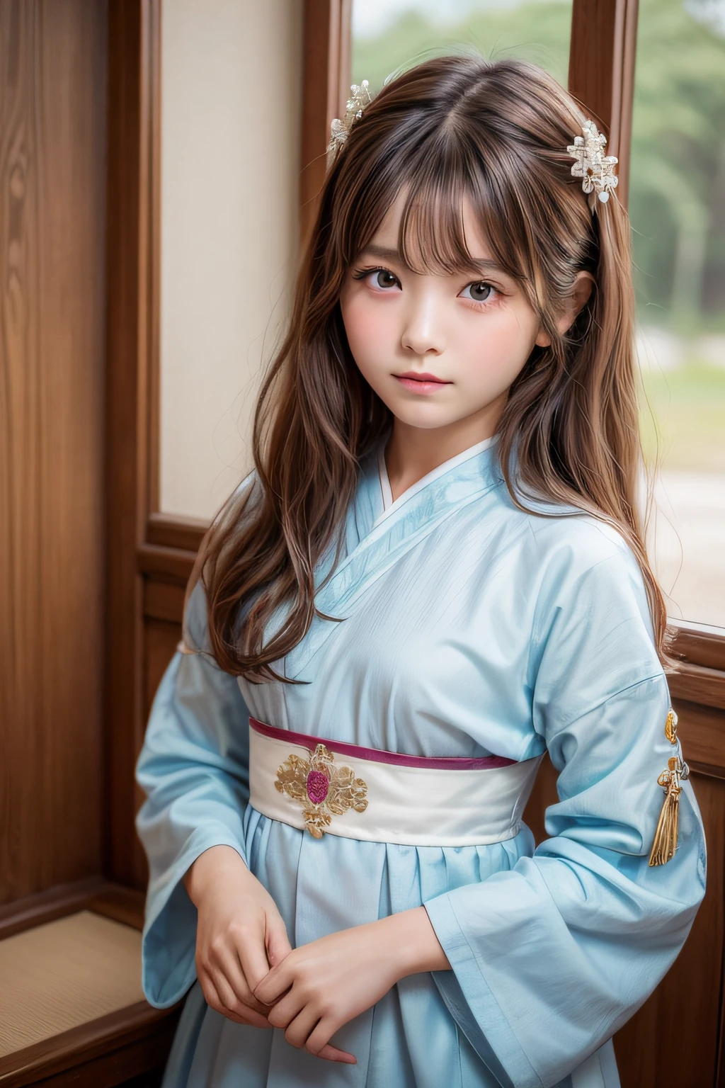 15 years of life、brown haired、light skinned、realisitic、Long hair pierced with a red ribbon、bright brown eyes、robe blanche、8k picture、Realistic human skin、Real Childhood Images、