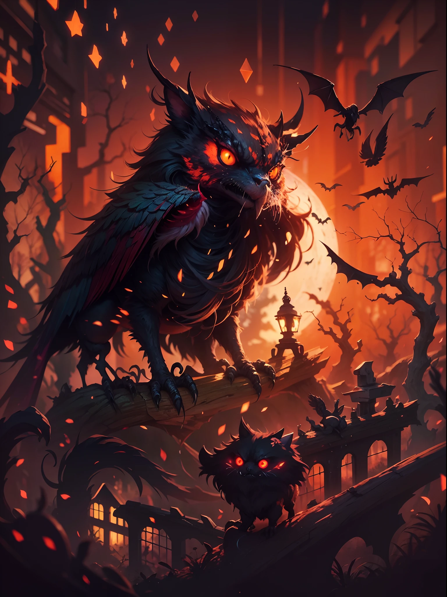 Silueta de un cazador en la ciudad de Yanan, transmitido por la sangre, ojos brillantes, T-shirt design, Dark Magic Splash, Gothic, halloween, degradado naranja quemado, magica, naturaleza, fondo limpio, Magic splash, arte vectorial 3D, fantasy art, Efecto acuarela, Bokeh, Adobe Illustrator, dibujado a mano, Pintura digital, Soft lighting, isometric style, retro aesthetic, 4k-resolution, usando Cinema 4D, natural lighting, Kinematic, obra maestra, Altamente detallado, intrincado, textura extrema, horror, Terry Fassing, horripilante, asustadizo