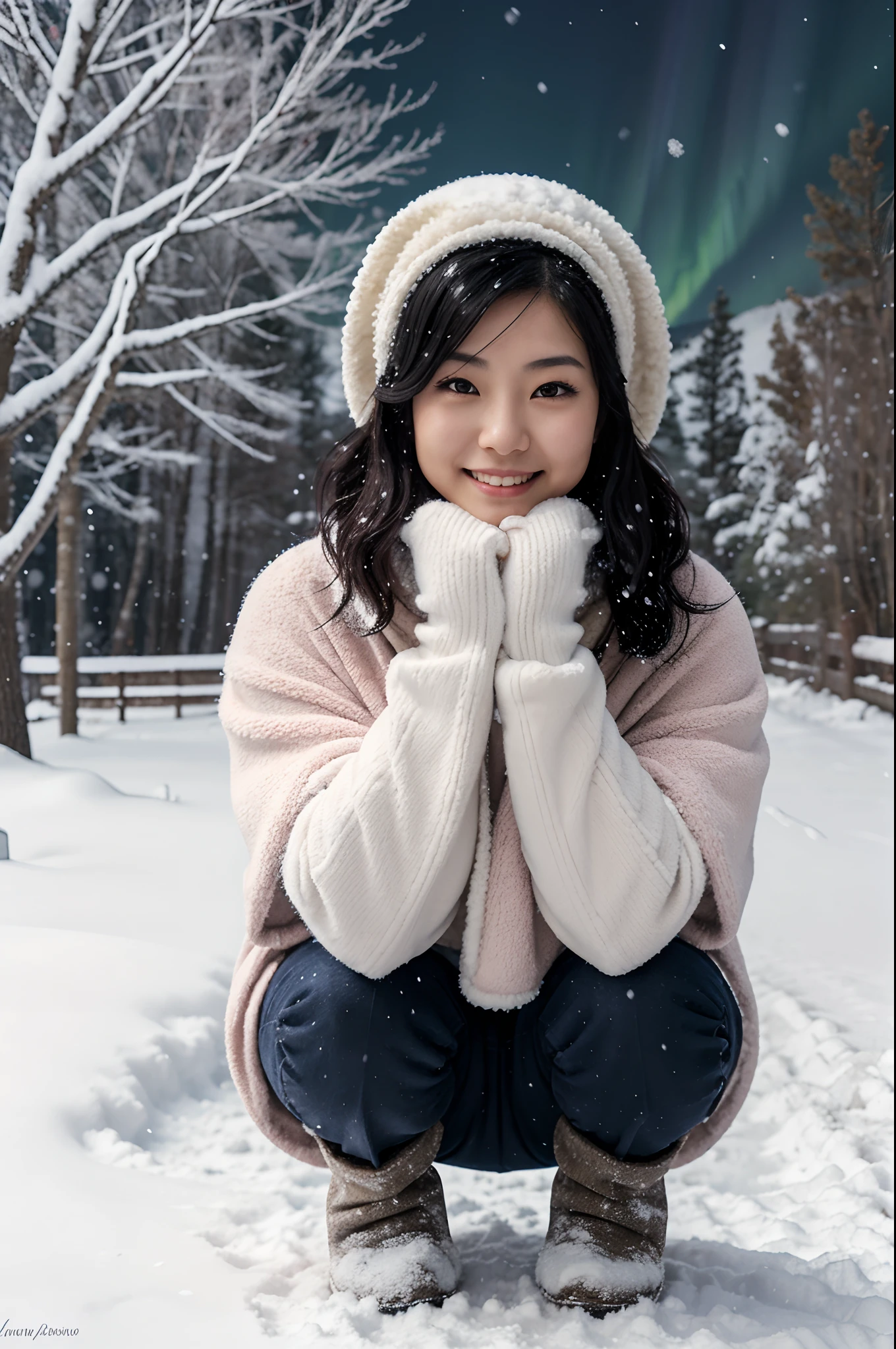 masterpiece, japanese woman, bonnet, mittens, short wavy black hair, blush, snow, winter, from below, trees, dark night, sky, aurora, thick fluffy winter clothes, furry poncho, big smile, squatting with knees and feet pointed inward, hands on chin, falling snow, winter boots, excited