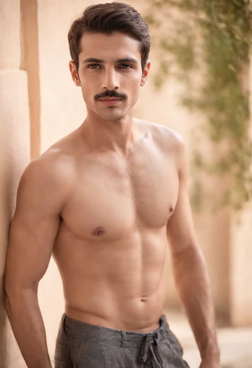 a handsome (((slim))) syrian man, with a thick, smooth face but with a thick, black and very masculine mustache, dense and short straight hair , mustache and black hair, square face, Turkish nose, thin, hairy body, hairy chest, with erect dick, with hairy pubis, no clothes, extremely realistic, with photographic details, model pose, seductive look,
