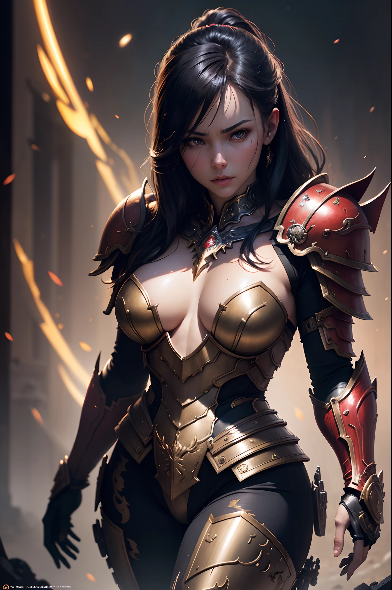 In 8K resolution(full bodyesbian:1.3)shots、splashart、Fantastic comic book style、Photorealistic and intense look、Anatomical photorealistic digital painting(Adult male:1.3)Human portrait(AS-Adult:1.3)Red and gold complex(heavily armored:1.3)with the(Dark and moody universe:1.3)、light particules、highlydetailed skin、samurais、extremely detailed eye、 (Elden Ring-style:1.1)、(warhammer style:1.3)、Concept Artist、globalillumination、depth of fields、splashart、Art by Artgerm and Greg Rutkowski and Viktoria Gavrilenko