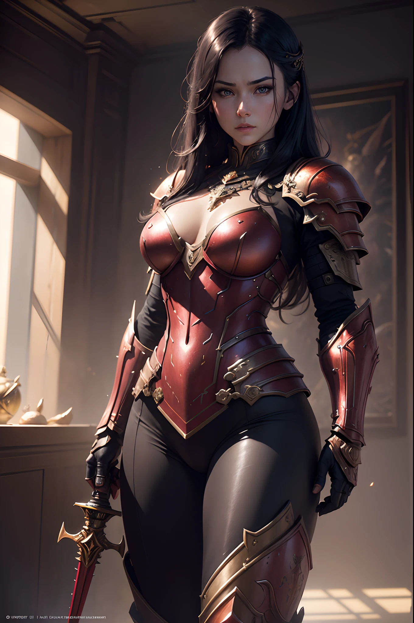 In 8K resolution(full bodyesbian:1.3)shots、splashart、Fantastic comic book style、Photorealistic and intense look、Anatomical photorealistic digital painting(Adult male:1.3)Human portrait(AS-Adult:1.3)Red and gold complex(heavily armored:1.3)with the(Dark and moody universe:1.3)、light particules、highlydetailed skin、samurais、extremely detailed eye、 (Elden Ring-style:1.1)、(warhammer style:1.3)、Concept Artist、globalillumination、depth of fields、splashart、Art by Artgerm and Greg Rutkowski and Viktoria Gavrilenko