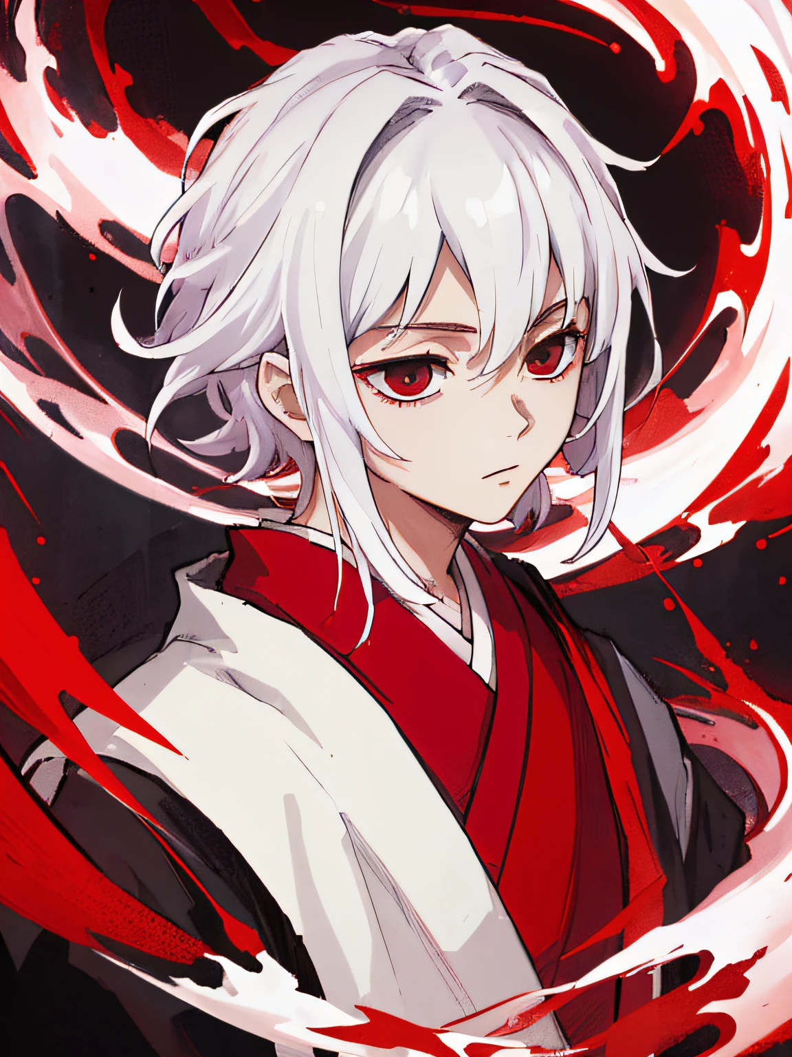 (((highest quality)))) masterpiece, beste-Qualit, 独奏, 1boy, Vermilion hair, , dark eyes, red kimono, upper-body, portraite of a, white silver hair colour, respect anotomy correctly