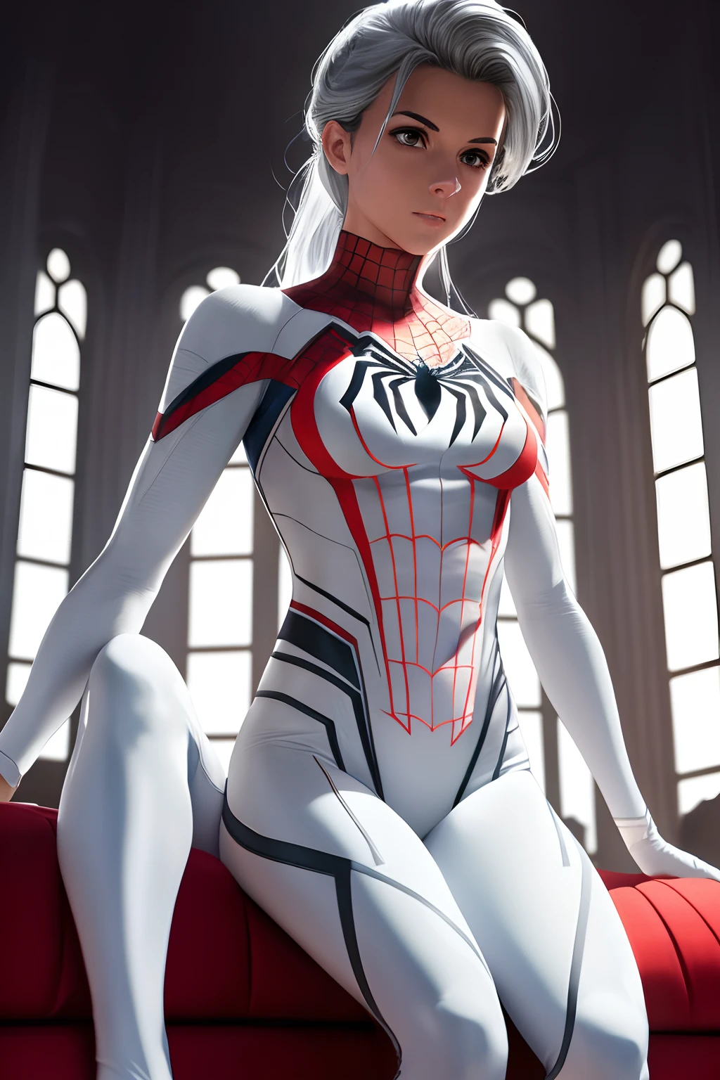 (master piece), 8k, best quality, full body panoramic view, Spiderman wear white costume, slim and athletic body, a height of 1.68 meters, which gave her a natural elegance, Detailed warrior outfit, walking in the enchanted forest, holding a war bow with rune writing, happy, walking,