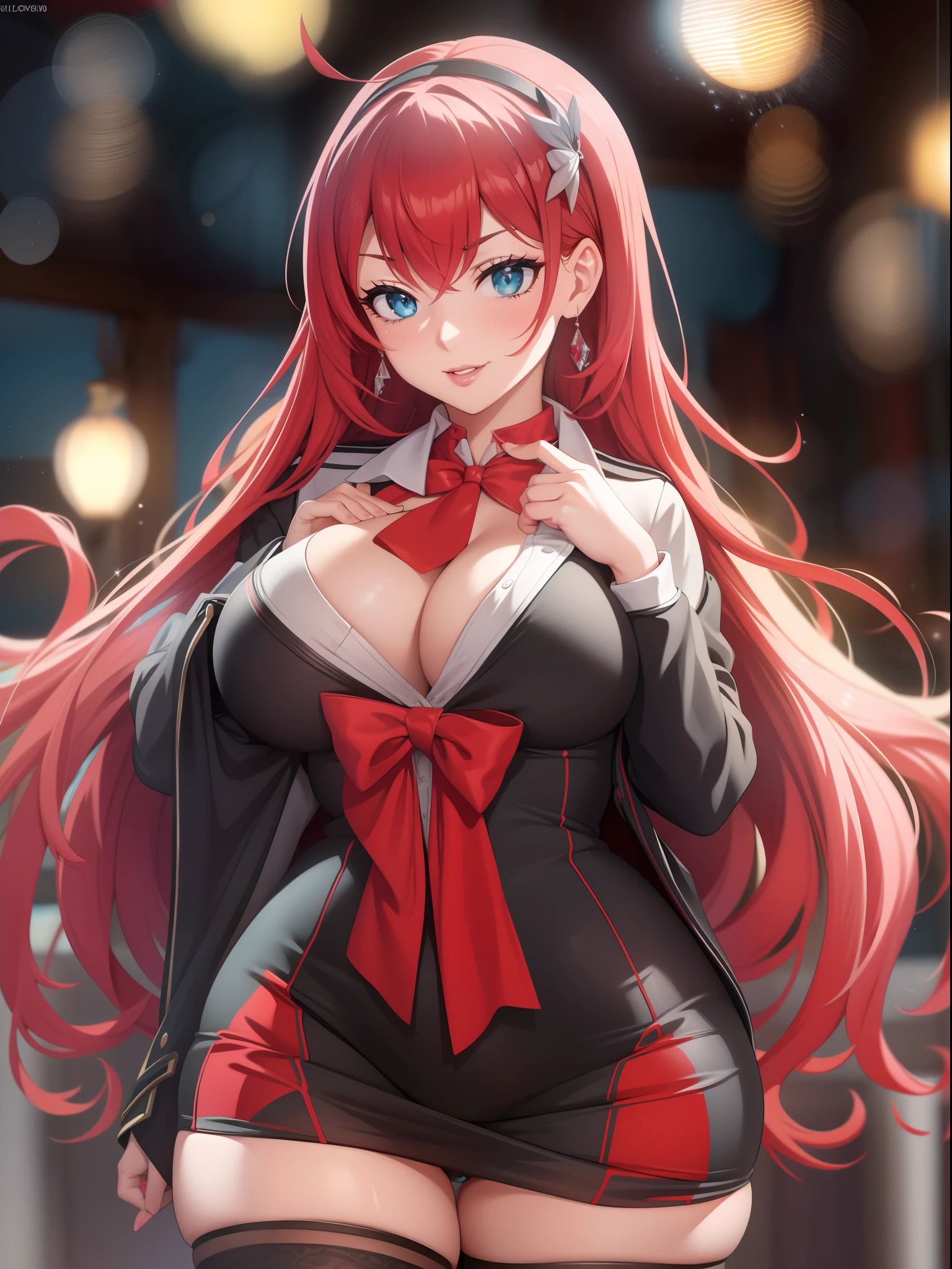 1girl, Rias Gremory, (((bimbo))), painted lips, thick lips, wide hips, thick thighs, huge ass, revealing cleavage, bubble butt, camel toe, huge breasts, posing, hands on breasts, nsfw, (best quality,4k,8k,highres,masterpiece:1.2), ultra-detailed, (realistic,photorealistic,photo-realistic:1.37), HDR, UHD, studio lighting, ultra-fine painting, sharp focus, physically-based rendering, extreme detail description, professional, vivid colors, bokeh, portraits, anime, sexy, seductive, feminine, high school uniform, thigh-high stockings, red hair, seductive gaze, teasing expression, confident, alluring, alluring pose, dominance, powerful aura, enchanting smile, suggestive, mysterious, sensual, fiery background, soft lighting, vibrant colors, smooth skin texture, hourglass figure.