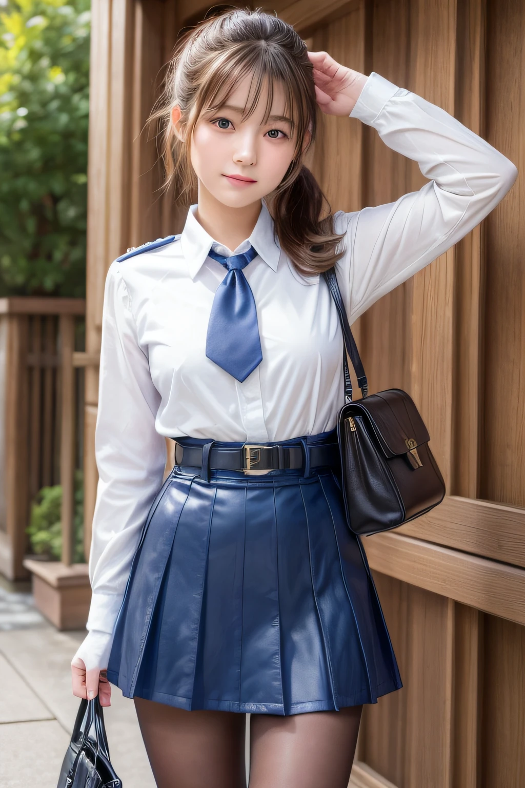 Top image quality、8K、masterpiece:1.3))、Realistic high-quality photos、top-quality、girl cute-fine face、13 years old beautiful Japan girl、Photo of slim little girl model、Beautiful girl model、young japanese girl、Young cute face、japanaese girl、13-year-old female model、Beautiful Model Girl、The innocent look of the girl next door、lovely delicate face、Brown hair、Beautiful brown eyes、Tear bag、drooing eyes、young body、folded ponytail, Blue eyes, Skirt, neck tie, White Gloves, Police Uniform, Belt bag, Black pantyhose, Jacket, arm band, Large breasts, Cowboy Shot, Standing, Smile, Salute, Outdoors,