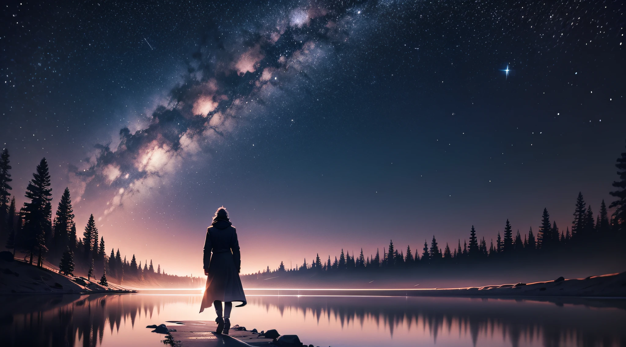 A solitary figure walking under a starlit night sky. 16k