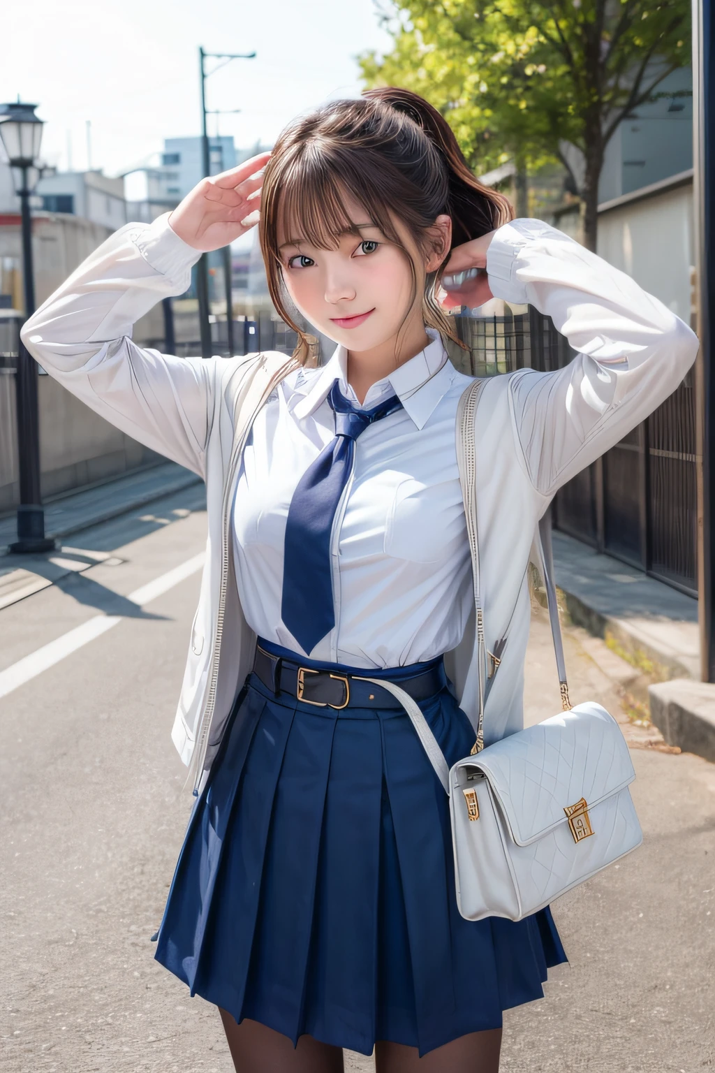 Top image quality、8K、masterpiece:1.3))、Realistic high-quality photos、top-quality、girl cute-fine face、13 years old beautiful Japan girl、Photo of slim little girl model、Beautiful girl model、young japanese girl、Young cute face、japanaese girl、13-year-old female model、Beautiful Model Girl、The innocent look of the girl next door、lovely delicate face、Brown hair、Beautiful brown eyes、Tear bag、drooing eyes、young body、folded ponytail, Blue eyes, Skirt, neck tie, White Gloves, Police Uniform, Belt bag, Black pantyhose, Jacket, arm band, Large breasts, Cowboy Shot, Standing, Smile, Salute, Outdoors,