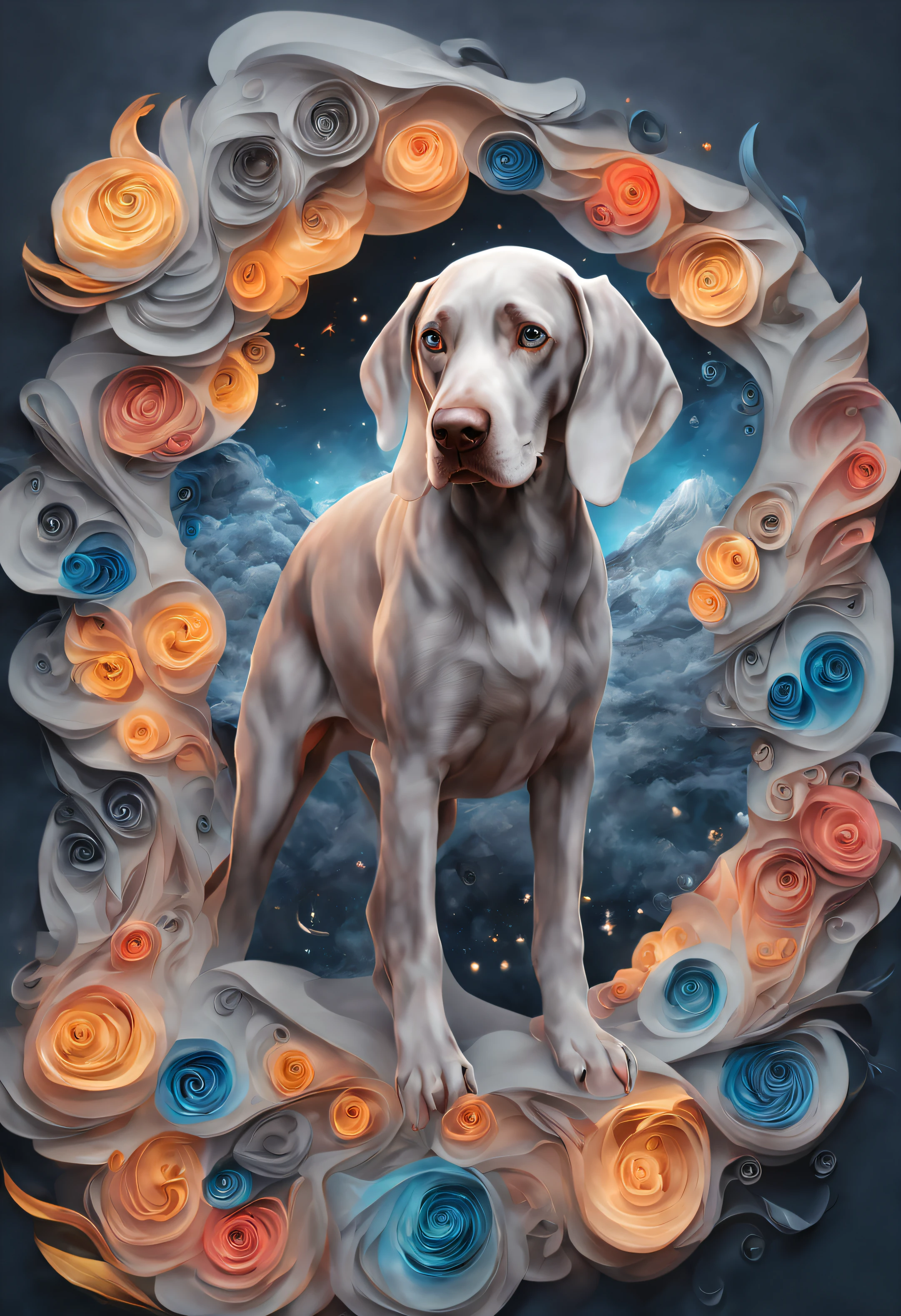 ((Masterpiece))),(((Best quality))),(((Amazing detail))),((illustration)),((A high resolution)),((8K)), Strong Regal Female Weimaraner, beautifull bright light gray coat , bright neon backlight, bright high detail gray and blue eyes , neon light, dark fantasy, atmosphere, overcast, realistic, Photorealistic art,Rich texture, the whole body, full body, background, steam, wall PORTRAIT geometric multidimensional, art, yang 8k, colorful, masterpieces, top quality, best quality, official art, beautiful and aesthetic, corpo astral, Chaotic atmosphere, deusa, Assexudo,  elentos da natureza, demiurgo, desenhado estilo, high definition