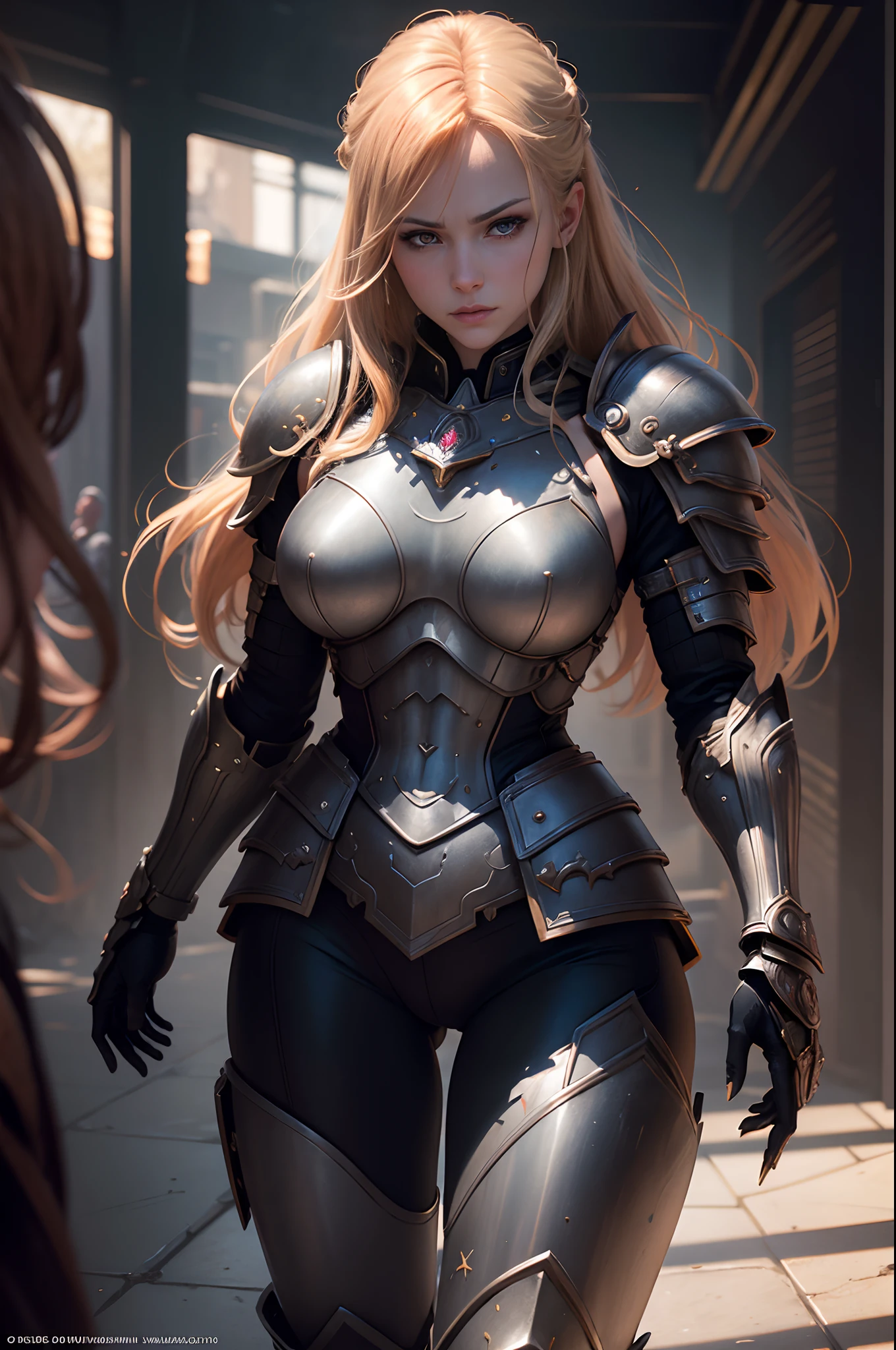In 8K resolution(full bodyesbian:1.3)shots、splashart、Fantastic comic book style、Photorealistic and captivating look、Anatomical photorealistic digital painting(adult woman:1.3)Human portrait(AS-Adult:1.3)Red complex(heavily armored:1.3)and blonde hair(Dark and moody universe:1.3)、light particules、highlydetailed skin、samurais、extremely detailed eye、 (Elden Ring-style:1.1)、(warhammer style:1.3)、Concept Artist、globalillumination、depth of fields、splashart、Art by Artgerm and Greg Rutkowski and Viktoria Gavrilenko