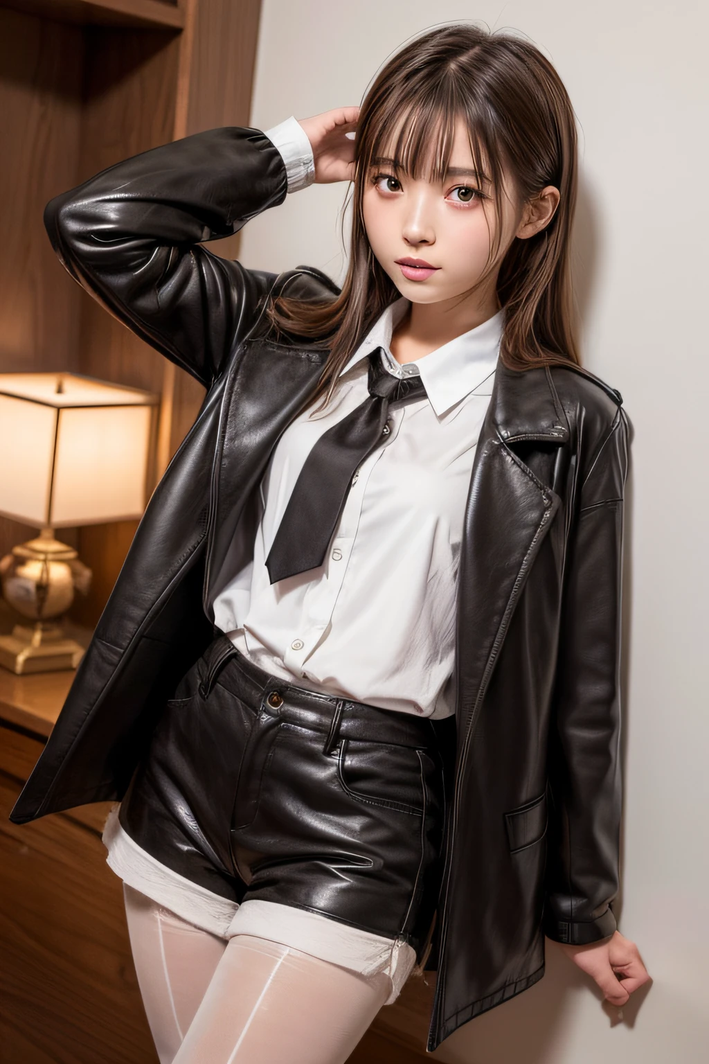 Top image quality、8K、masterpiece:1.3))、Realistic high-quality photos、top-quality、girl cute-fine face、 beautiful Japan girl、Photo of slim little girl Beautiful girl model、young japanese girl、Young cute face、japanaese girl、13-year-old femaleodeautifModel Girl、The innocent look of the girl next door、lovely delicate face、Brown hair、Beautiful brown eyes、Tear bag、drooing eyes、young body、Black pantyhose, Black shorts, Brown coat, coat, Collared shirt, Long sleeves, neck tie, pantyhose, Pantyhose under shorts, Shirt, Short shorts, Shorts, sleeves past wrists, White shirt, wing collar,