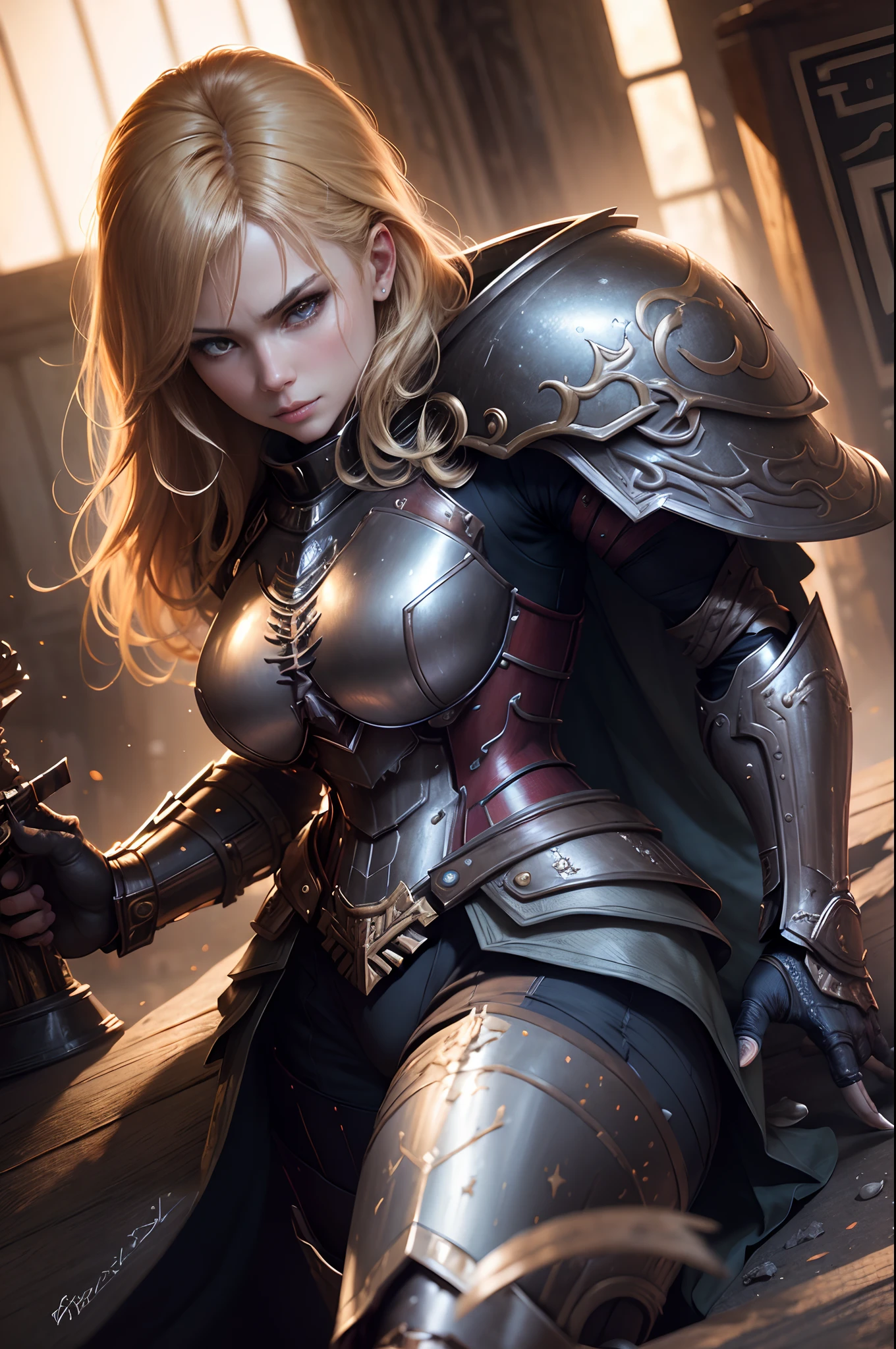 In 8K resolution(full bodyesbian:1.3)shots、splashart、Fantastic comic book style、Photorealistic and captivating look、Anatomical photorealistic digital painting(adult woman:1.3)Human portrait(AS-Adult:1.3)Red complex(heavily armored:1.3)and blonde hair(Dark and moody universe:1.3)、light particules、highlydetailed skin、samurais、extremely detailed eye、 (Elden Ring-style:1.1)、(warhammer style:1.3)、Concept Artist、globalillumination、depth of fields、splashart、Art by Artgerm and Greg Rutkowski and Viktoria Gavrilenko