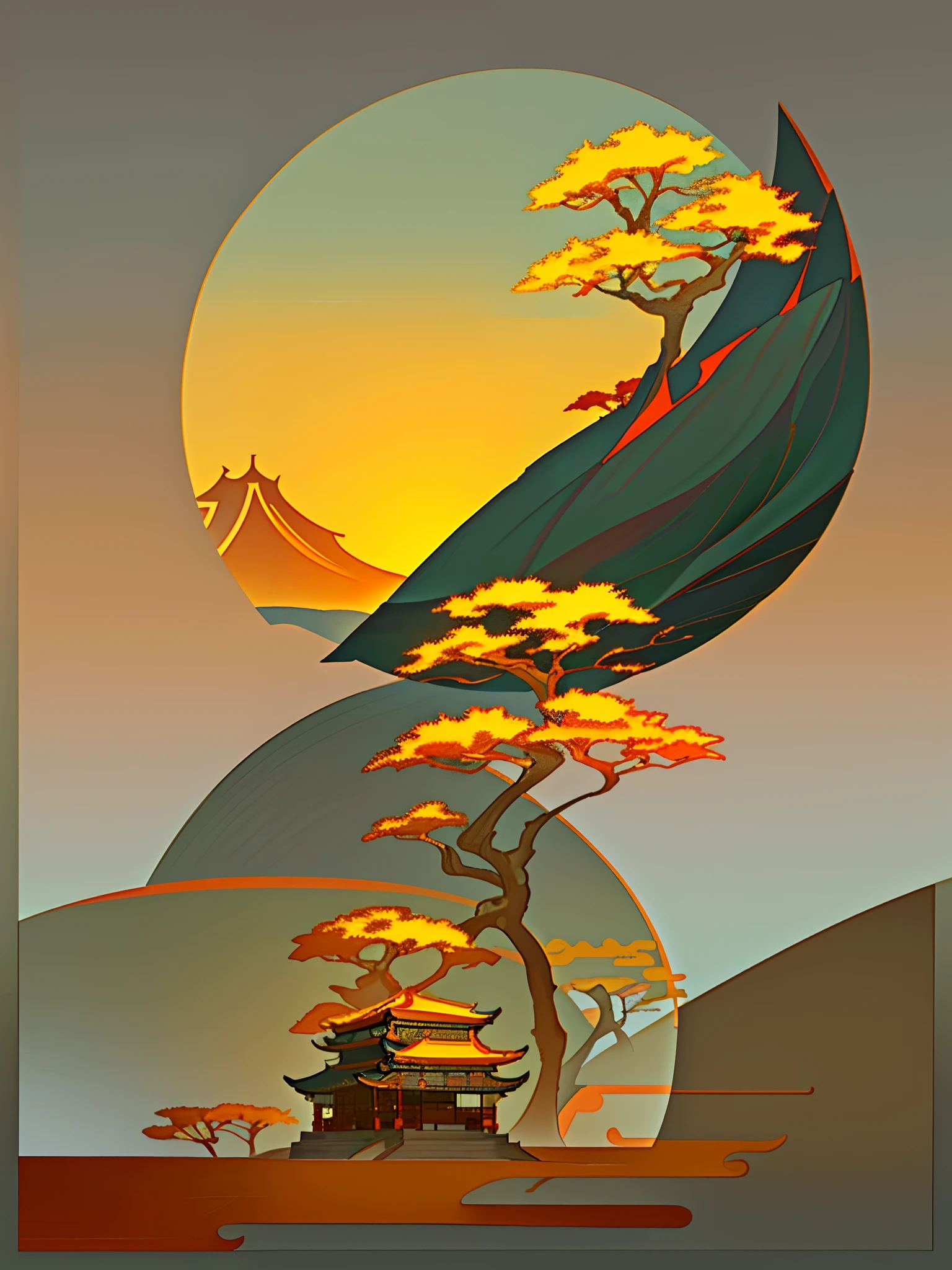 (Chinese landscape), (Zen, Amy Sol style), (Autumn, autumn leaves, fallen leaves, sunset, architecture), cover art with light abstraction, abstract, simple vector art, contemporary Chinese art, color gradients, soft color palettes, layered forms, whimsical animation, style Ethereal abstract, 4K, --v6