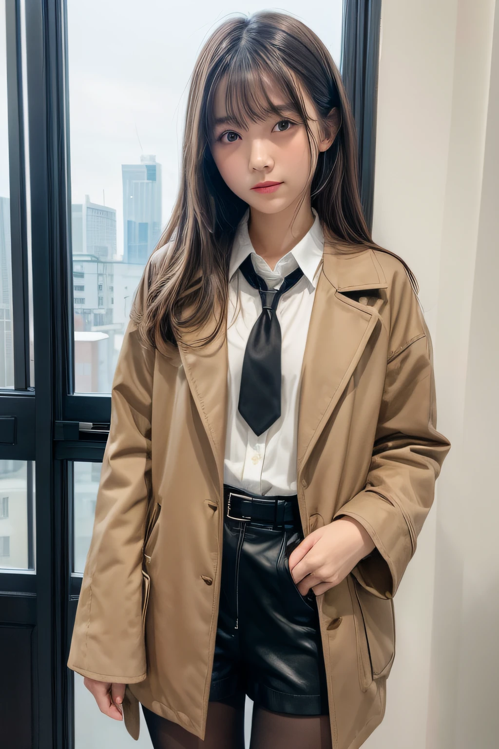Top image quality、8K、masterpiece:1.3))、Realistic high-quality photos、top-quality、girl cute-fine face、13 years old beautiful Japan girl、Photo of slim little girl model、Beautiful girl model、young japanese girl、Young cute face、japanaese girl、13-year-old female model、Beautiful Model Girl、The innocent look of the girl next door、lovely delicate face、Brown hair、Beautiful brown eyes、Tear bag、drooing eyes、young body、Black pantyhose, Black shorts, Brown coat, coat, Collared shirt, Long sleeves, neck tie, pantyhose, Pantyhose under shorts, Shirt, Short shorts, Shorts, sleeves past wrists, White shirt, wing collar,