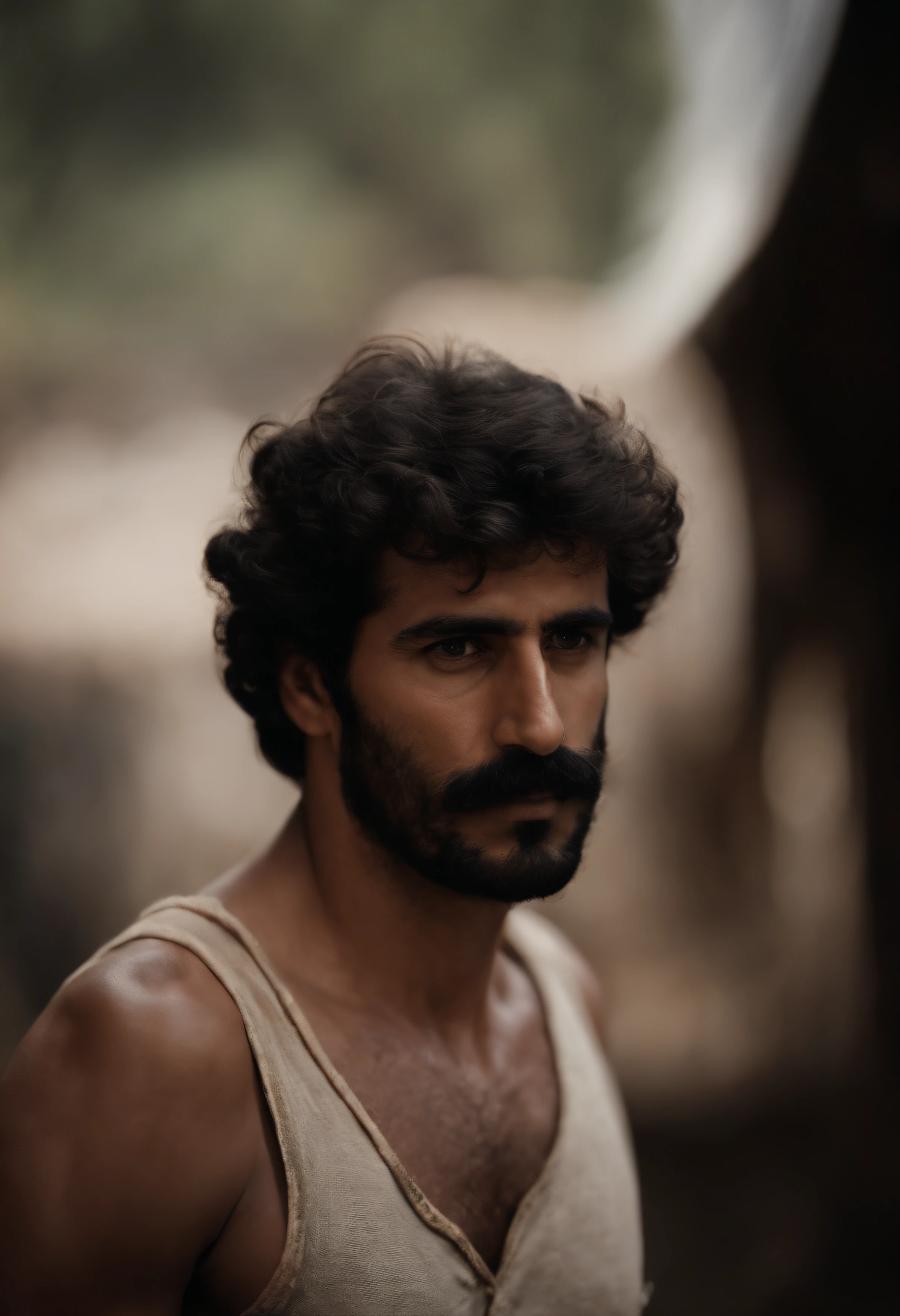 A closeup of the Syrian man's face, um corpo magro, Macho bonito, not shirt, peito peludo, Manly man, bigode 1980, manly