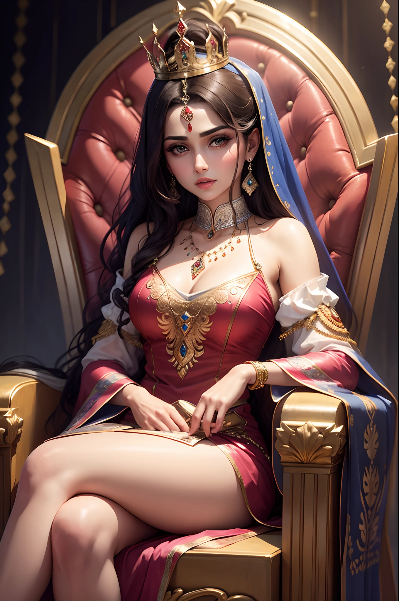 Mature woman face super detailed hyper realistic masterpiece wears a full caftan outfit sitting in a large legendary throne Moroccan environment Hyper realistic super detailed details