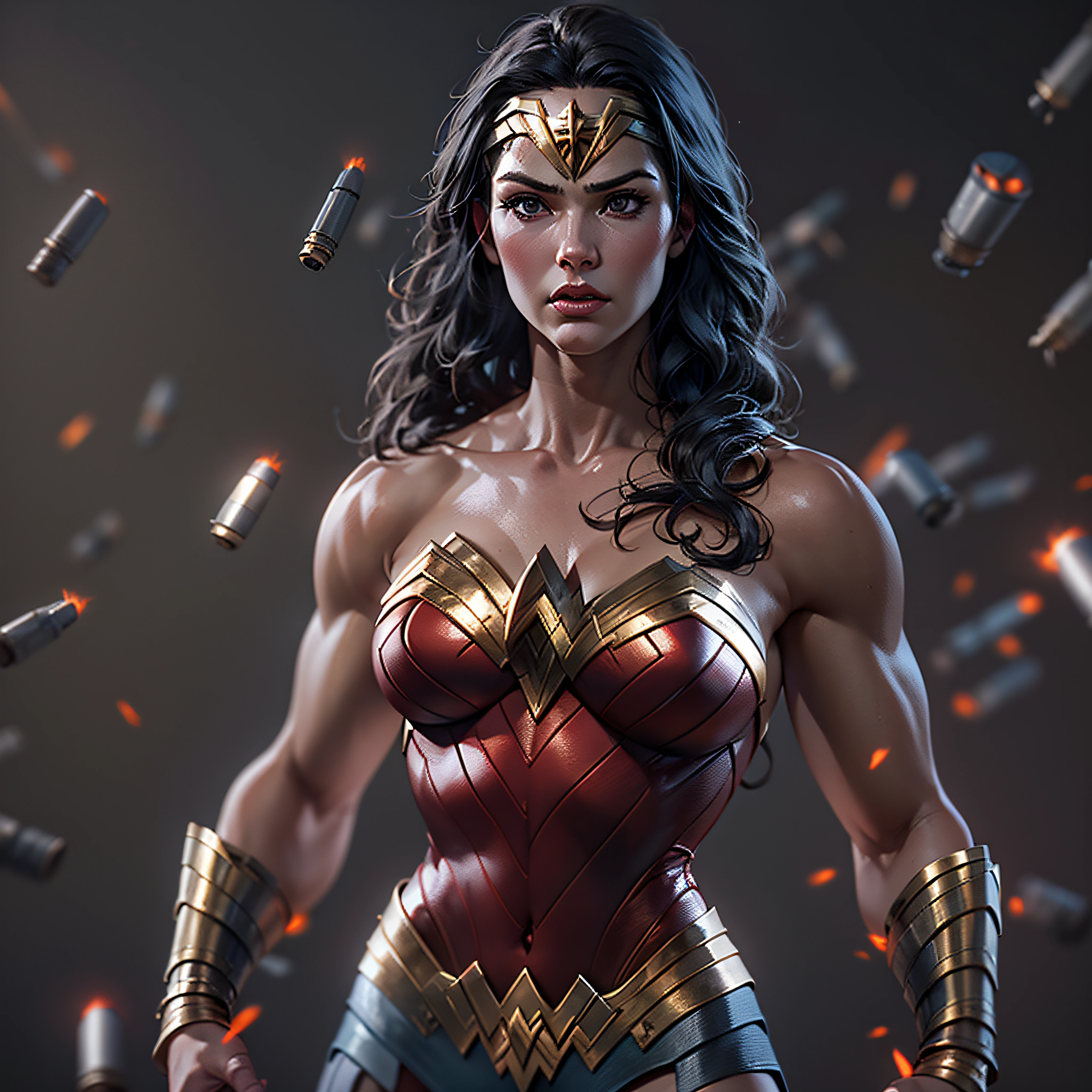 Wonder Woman, muscular athletic body. Bullets ricocheting off her bracelets. photo-realistic, octane render, unreal engine, ultra-realistic