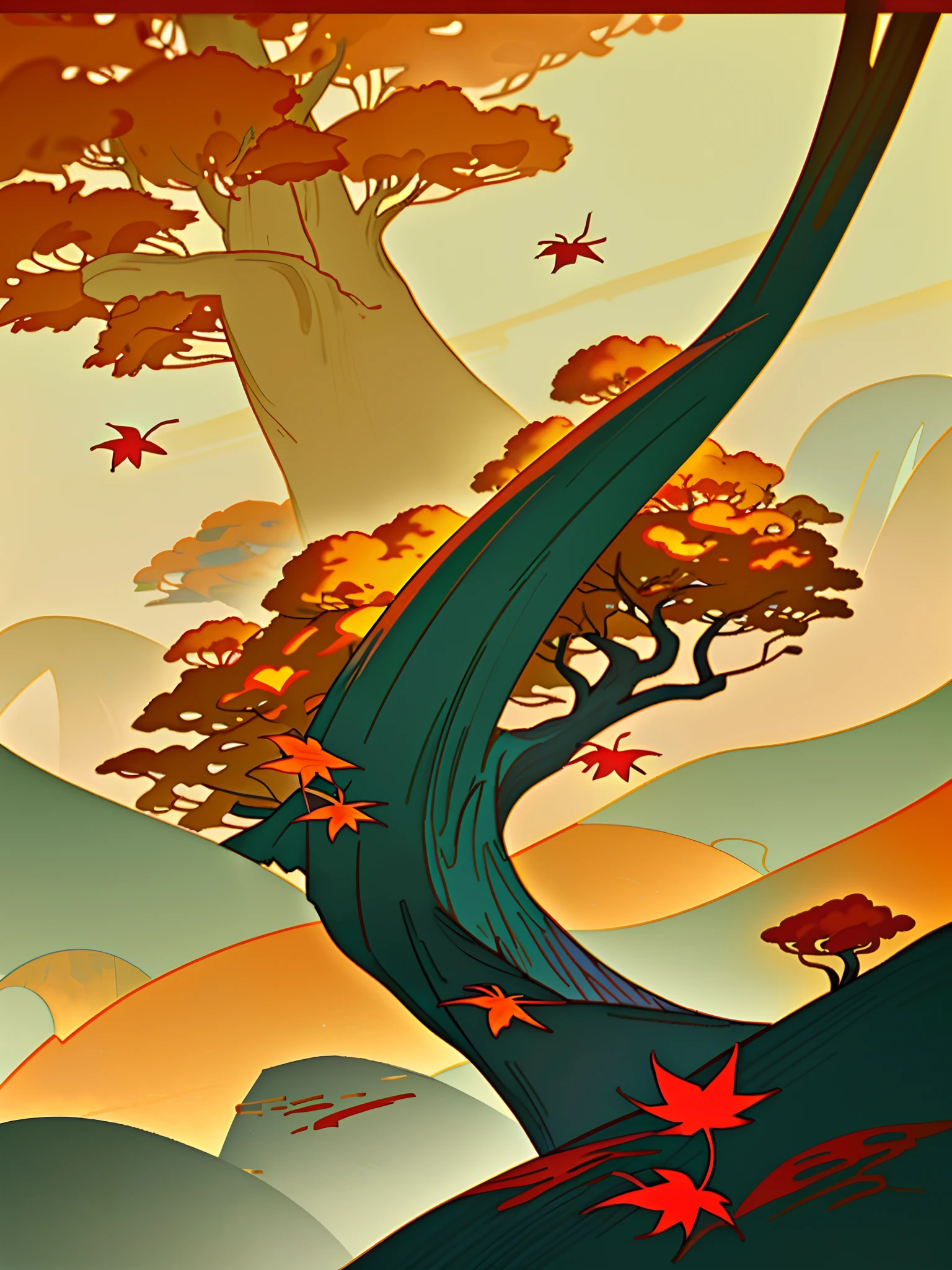 (Chinese landscape), (Zen, Amy Sol style), (Autumn, autumn leaves, fallen leaves, sunset, architecture), cover art with light abstraction, abstract, simple vector art, contemporary Chinese art, color gradients, soft color palettes, layered forms, whimsical animation, style Ethereal abstract, 4K, --v6