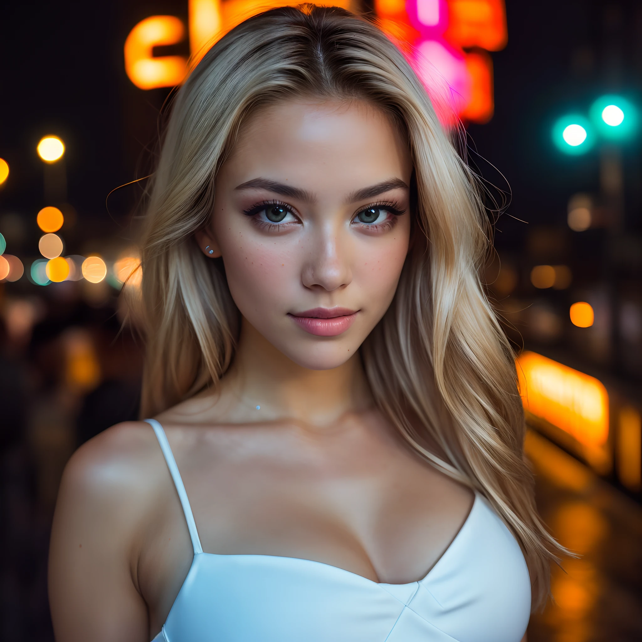 Beautiful blonde 20-year-old girl in bikini, raw, Beautiful woman, (Extra long wavy blonde hair), ((Detailed face:1.2)), ((detailed facial features)), (finely detailed skin), pale skin, times square, rainy weather, (cold color), moist, moist, Reflectors, (masutepiece) (perfectly proportions)(photos realistic)(Best Quality) (Detailed) photographed in a Canon EOS R5, 50mm Lens, F/2.8, nffsw, (8K) (Wallpaper) (Cinematic lighting) (Dramatic Lighting) (foco nítido) (Convoluted) Fashion, From above, fine eyes, fine cleavage, big boobs