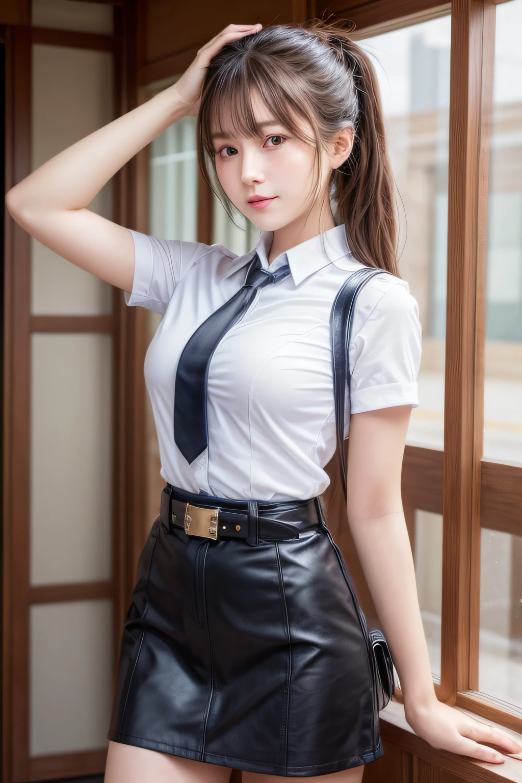 Top image quality、8K、masterpiece:1.3))、Realistic high-quality photos、top-quality、girl cute-fine face、13 years old beautiful Japan girl、Photo of slim little girl model、Beautiful girl model、young japanese girl、Young cute face、japanaese girl、13-year-old female model、Beautiful Model Girl、The innocent look of the girl next door、lovely delicate face、Brown hair、Beautiful brown eyes、Tear bag、drooing eyes、young body、folded ponytail, Blue eyes, Skirt, neck tie, Police Uniform, Belt bag, Black pantyhose, Jacket, arm band, Large breasts, Cowboy Shot,Smile,