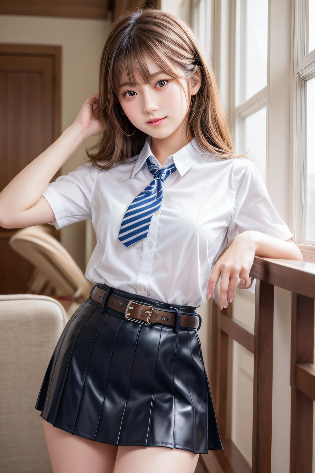 Masterpiece、top-quality、girl1、ultra-detailliert　A dark-haired、straight haired　Schoolgirl Uniform　Soft thighs、Mansuji　skirt rift、Skirt lift yourself　Background with、Trem lotado