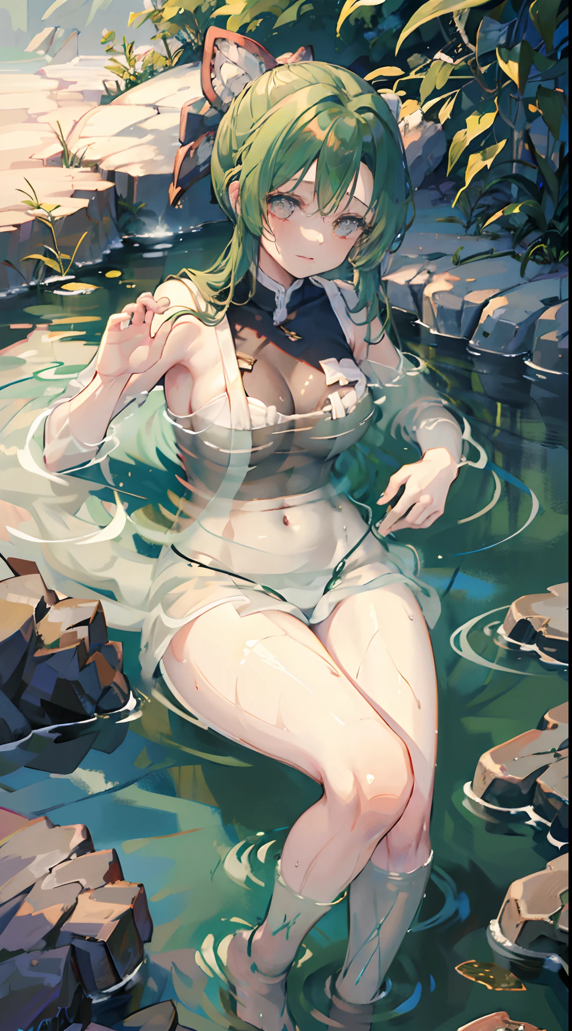 Drawing girls, Green hair, Soaking in hot springs, Transparent, Transparent and alluring, Expose perfect body. steams, Heavy fog,