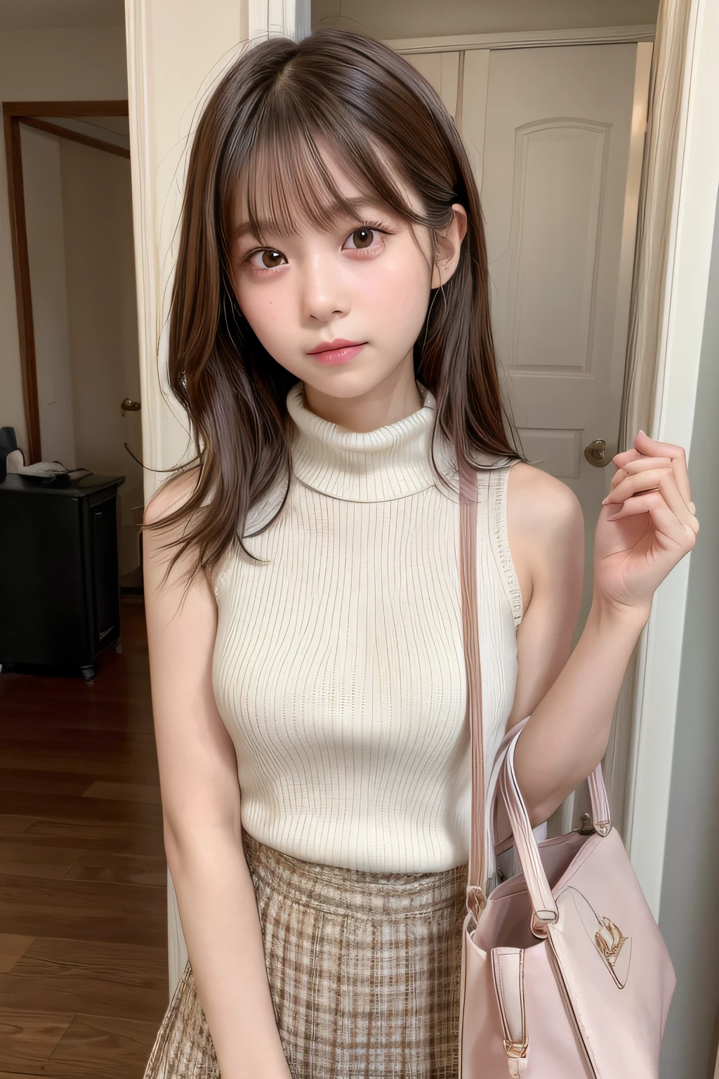 Top image quality、8K、masterpiece:1.3))、Realistic high-quality photos、top-quality、girl cute-fine face、13 years old beautiful Japan girl、Photo of slim little girl model、Beautiful girl model、young japanese girl、Young cute face、japanaese girl、13-year-old female model、Beautiful Model Girl、The innocent look of the girl next door、lovely delicate face、Brown hair、Beautiful brown eyes、Tear bag、drooing eyes、young body、Sleeveless,Jewelry, Looking at Viewer, Skirt, Necklace, Solo, Bag, Sweaters, turtle neck, sleeveless turtleneck, Jacket, Sleeveless sweater, Long skirt, Medium Hair, Handbag