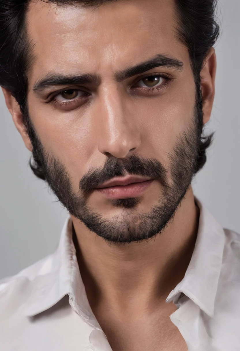 A closeup of the Syrian man's face, um corpo magro, Macho bonito, not shirt, peito peludo, Manly man, bigode 1980, manly