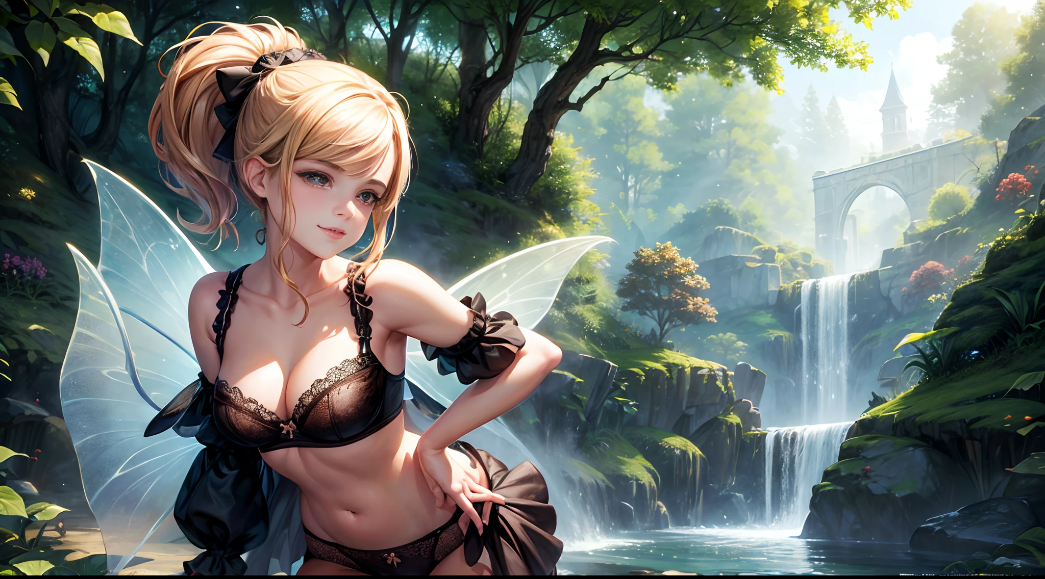 Emma Watson as a sexy fairy girl. slender body. sexy smile. ( Absurd, High quality, ultra-detailed, masterpiece, concept art, smooth, highly detailed artwork, hyper-realistic painting ) , tiny littrawberries, cute, whole body, Romantic, Vivid, dreamy, fantasy, fairy wings, in the forest, enchanting glow, very detailed art, reveal clothes, sexy lace underwear, transrarrent clothnes, perky niples, deep eyes, ponytail, big ponytail bow, playful, shy smile, in palace, (pregnat)