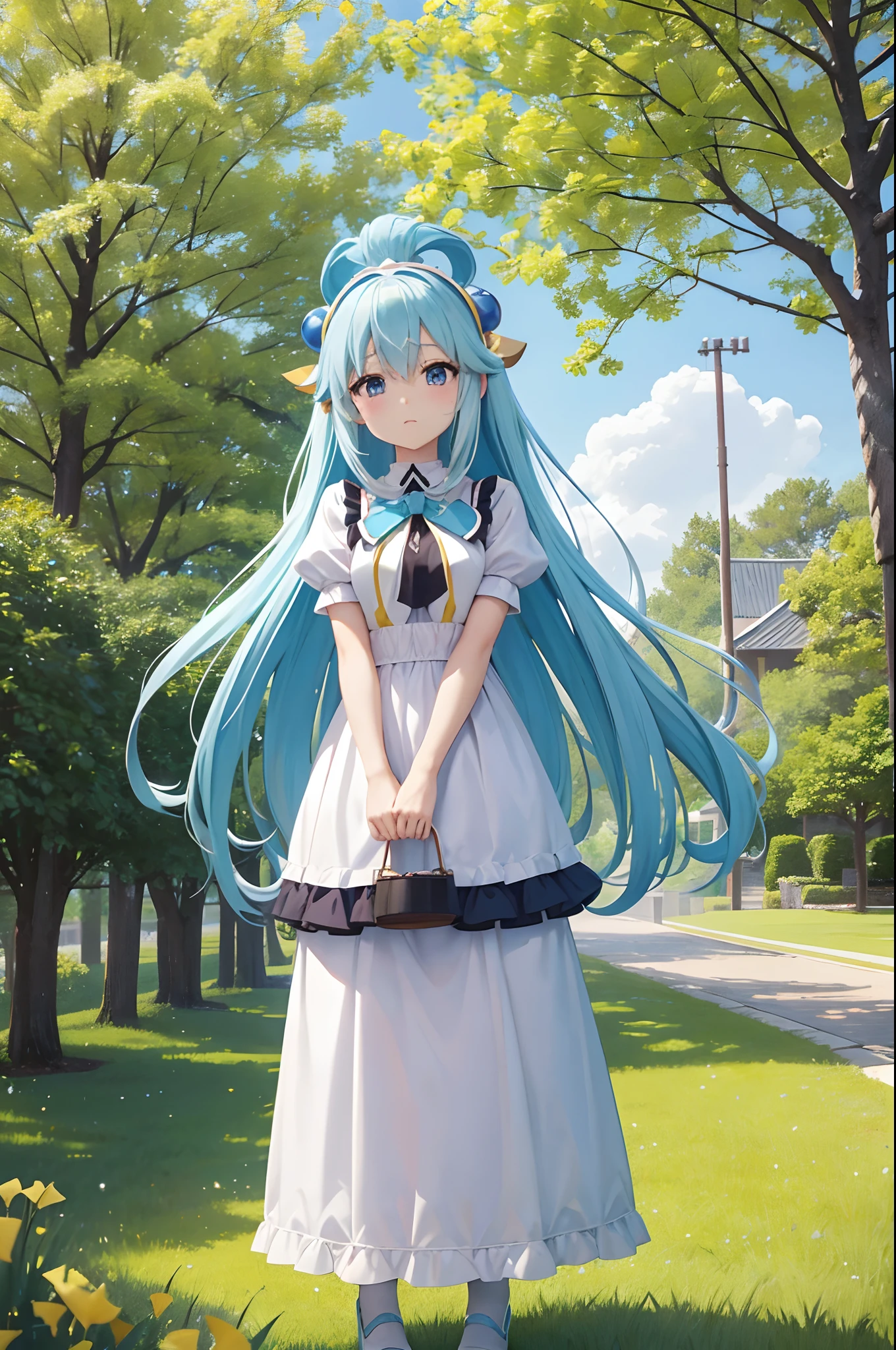 masterpiece, top-quality, Princess_aqua_Konosuba, White and pink dress, Black eyes, Light blue long hair、 standingn, (borgar: 1.1), clouds, Rows of yellow ginkgo trees、Near and far law、blue-sky