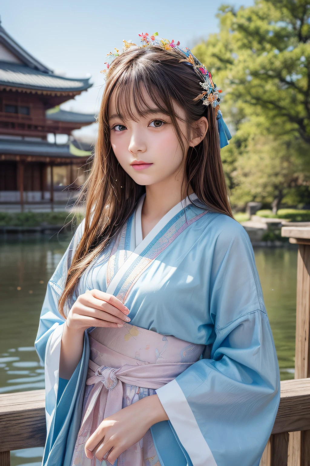 Top image quality、8K、​masterpiece：1.3))、Realistic high-quality photos、top-quality、girl cute-fine face、 beautiful Japan girl、Photo of slim little girl model、Beautiful girl model、young japanese girl、Young cute face、japanaese girl、13-year-old maldel、Btiful Model Girl、The innocent look of the girl next door、lovely delicate face、Brown hair、Beautiful brown eyes、Tear bag、drooing eyes、young body、(fluttered detailed color splashs), (Illustration),(((1 girl))),(Long hair),(Rain:0.9), (Head dress: 1.4), There is an ancient palace next to the girl, Hanfu, (emphasis), Color Ink Painting, (splashed color), splashed color, (((Colorful))), (sketch: 0.8), masutepiece, Best Quality, beautiful painted, Highly detailed,(denoise:0.6),[Splash ink],((Ink refraction)), (Beautiful detailed sky),Moon,highly,Detailed,(masutepiece, Best Quality, Extremely detailed)
