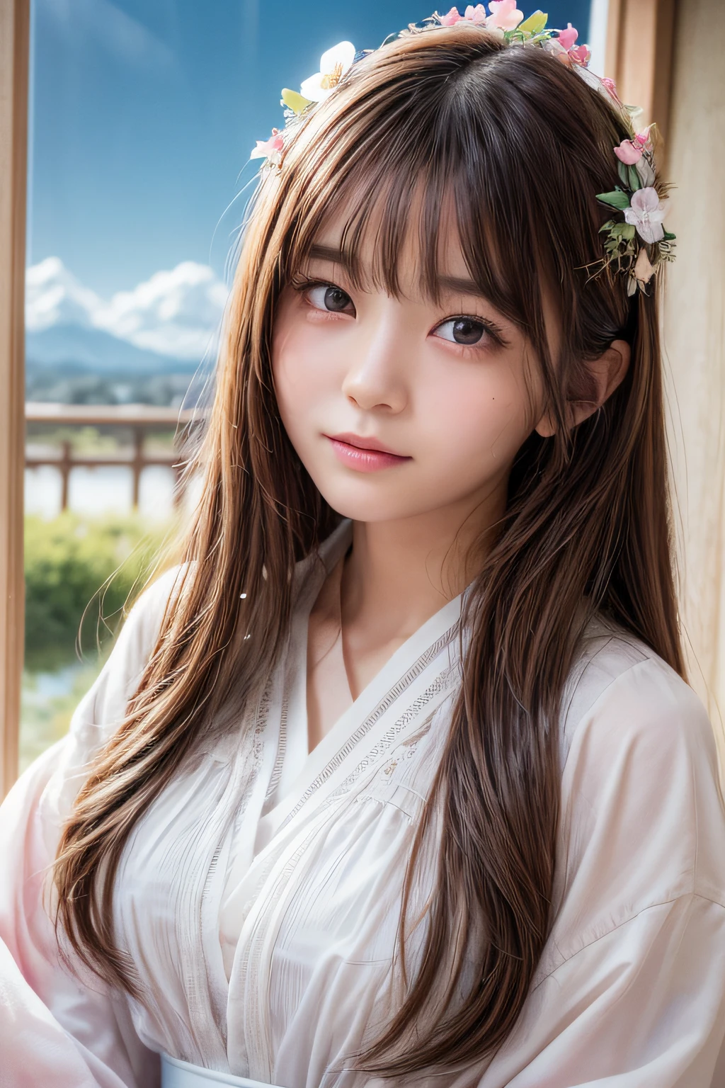 Top image quality、8K、​masterpiece：1.3))、Realistic high-quality photos、top-quality、girl cute-fine face、13 years old beautiful Japan girl、Photo of slim little girl model、Beautiful girl model、young japanese girl、Young cute face、japanaese girl、13-year-old female model、Beautiful Model Girl、The innocent look of the girl next door、lovely delicate face、Brown hair、Beautiful brown eyes、Tear bag、drooing eyes、young body、(fluttered detailed color splashs), (Illustration),(((1 girl))),(Long hair),(Rain:0.9), (Head dress: 1.4), There is an ancient palace next to the girl, Hanfu, (emphasis), Color Ink Painting, (splashed color), splashed color, (((Colorful))), (sketch: 0.8), masutepiece, Best Quality, beautiful painted, Highly detailed,(denoise:0.6),[Splash ink],((Ink refraction)), (Beautiful detailed sky),Moon,highly,Detailed,(masutepiece, Best Quality, Extremely detailed)