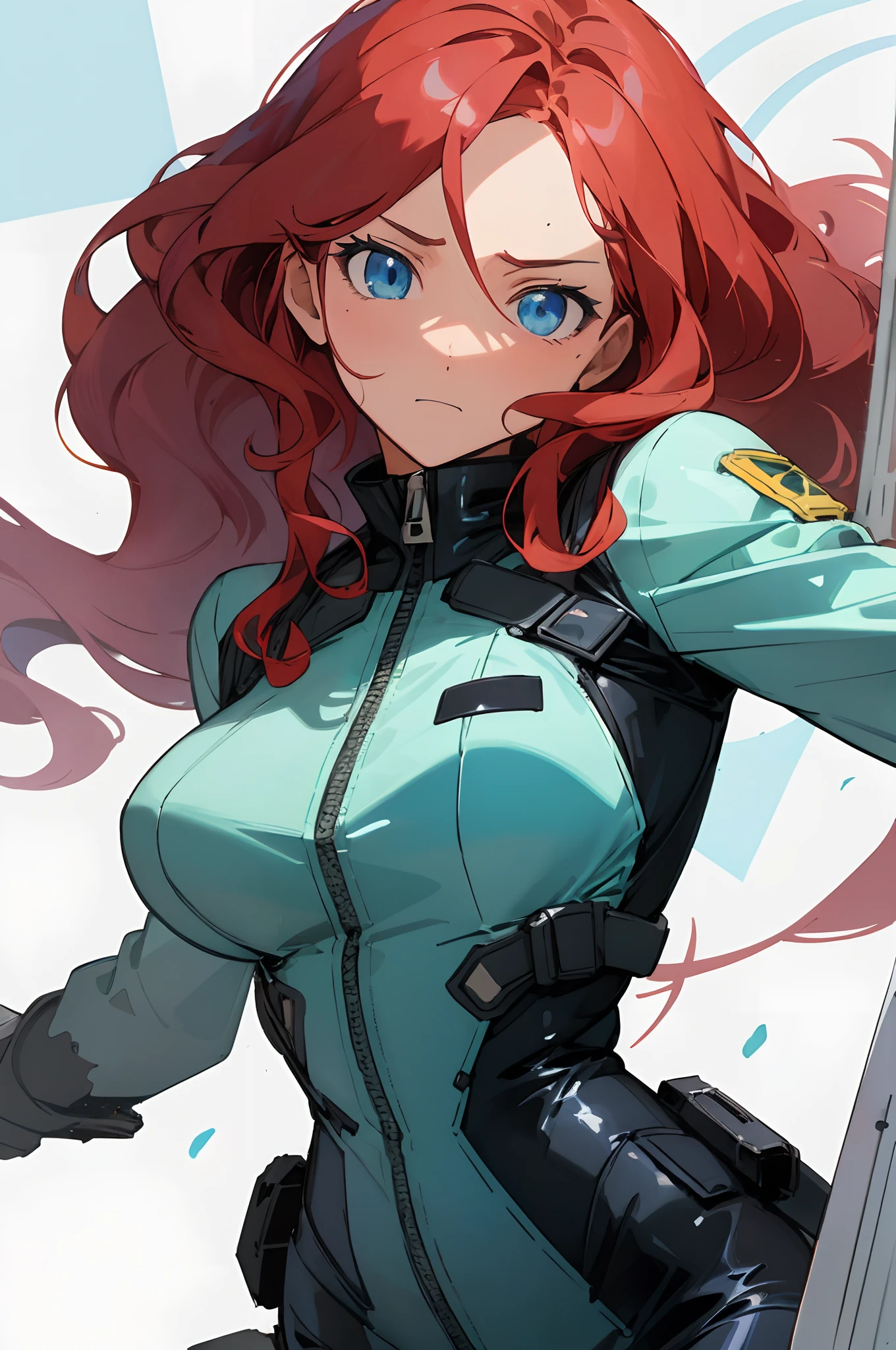(masterpiece, best quality) detailed, 1Character , blue archive art style ,
, pastel washed out colors , cell shade , A battle scene, character has a determined expression, ripped clothing , fire in the background, signs of battle,
wearing Black bodysuit, white accents , zip up , futuristic, shiny,
A beautiful mature woman , red hair , long hair , wavy hair , blue eyes eyes , age 40,