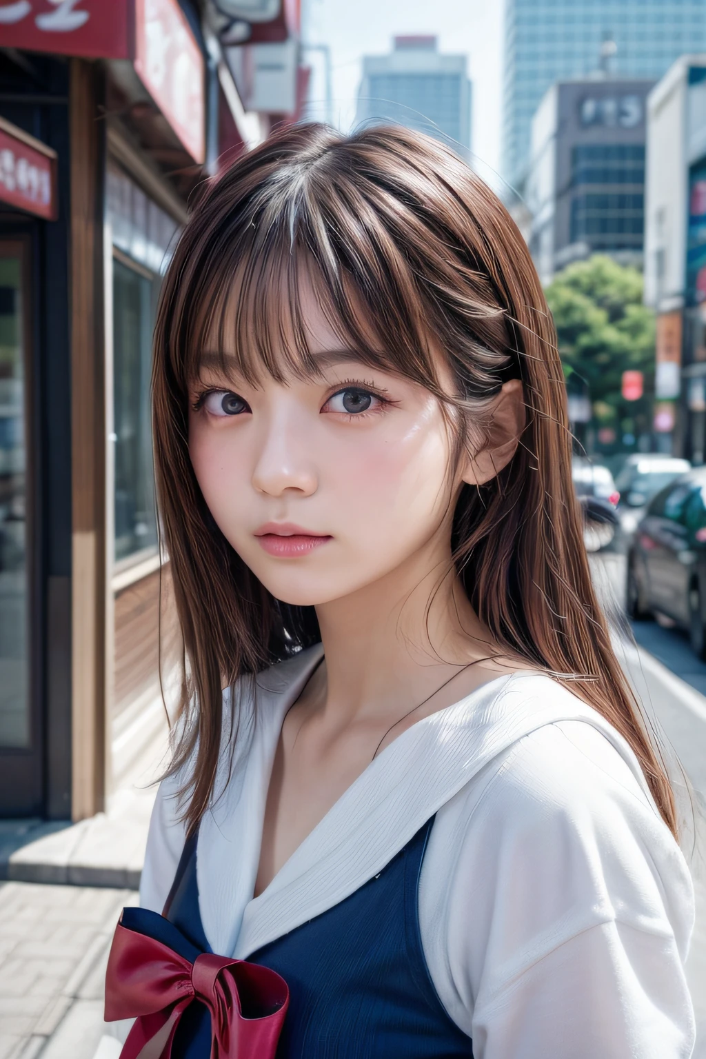 ((Top image quality、8K、​masterpiece：1.3))、Realistic high-quality photos、top-quality、girl cute-fine face、 beautiful Japan girl、Photo of slim little girl iful girl model、young japanese girl、Young cute face、japanaese girl、13-year-old female model、Beautiful Model Girl、The innocent look of the girl next door、lovely delicate face、Brown hair、Beautiful brown eyes、Tear bag、drooing eyes、young body、