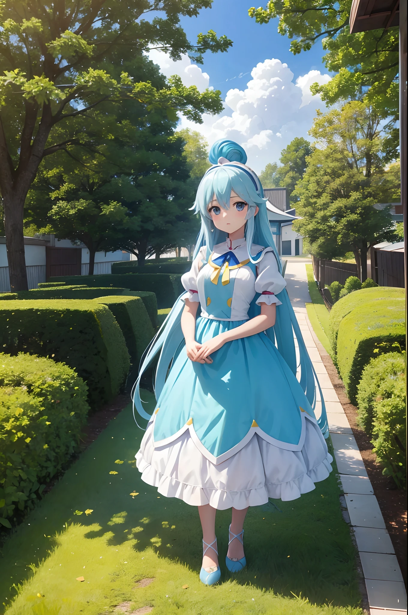 masterpiece, top-quality, Princess_aqua_Konosuba, White and pink dress, Black eyes, Light blue long hair、 standingn, (borgar: 1.1), clouds, Rows of yellow ginkgo trees、Near and far law、blue-sky