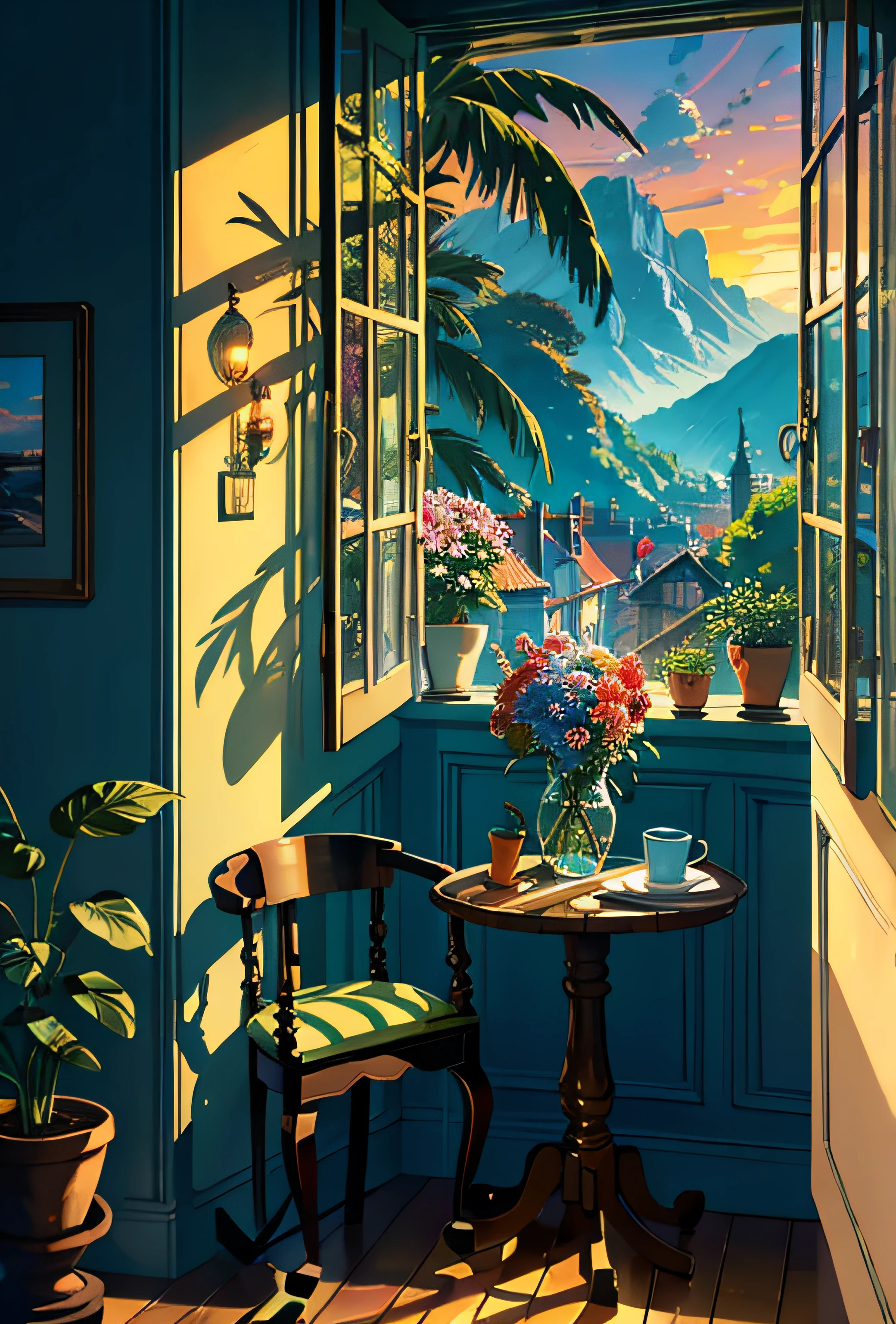 Terrace studio, huge, plants in pots, flowers in a vase, figurines, rocking chair, birds, cat, expensive and cozy interior, creative workshop, décor, Cozy artist's workshop, easel, color palette, acrylic paints, paintings, large windows, loggia, art, awards, table, sofa, armchairs, mirror, crystals, meditation, harmony, many books on the walls, paintings on the walls, view from the window, sea, mountains, amazing sunset, floral arrangements, paints, brushes, artist's theme, graceful, dynamic bright lighting, happiness, full color, multicolored, artificial, highest detail, super quality, fine details, highlights, neon lights, masterpiece, best colors