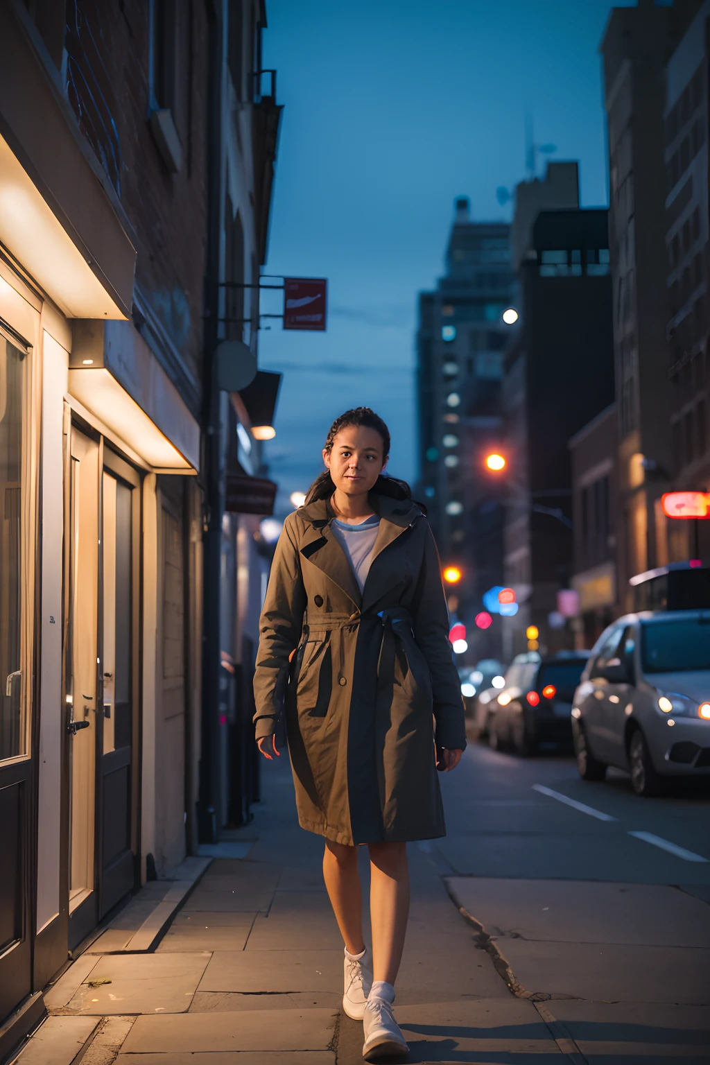 A poorly lit night photo of a woman outside in the city at night