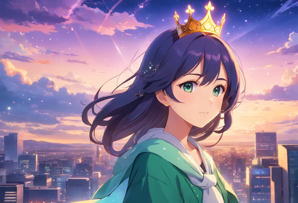 Blountsville, Androgynous, long hair with two bundles, wearing a flared top with a beaded skirt and a winter scarf, accessories are a princess crown and heart earrings, colors are traffic-white pastel blue signal violet and fern green, background is clouds and stars, masterpiece, best quality