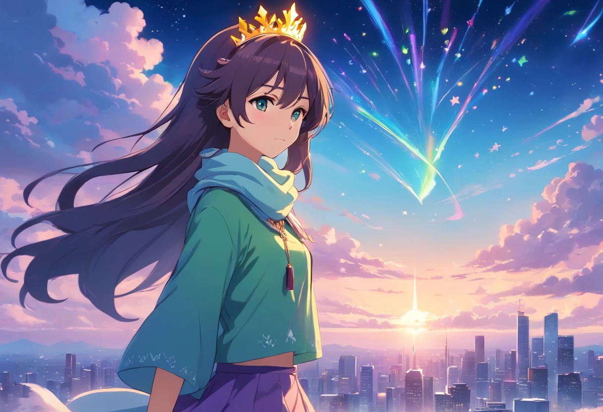 Blountsville, Androgynous, long hair with two bundles, wearing a flared top with a beaded skirt and a winter scarf, accessories are a princess crown and heart earrings, colors are traffic-white pastel blue signal violet and fern green, background is clouds and stars, masterpiece, best quality
