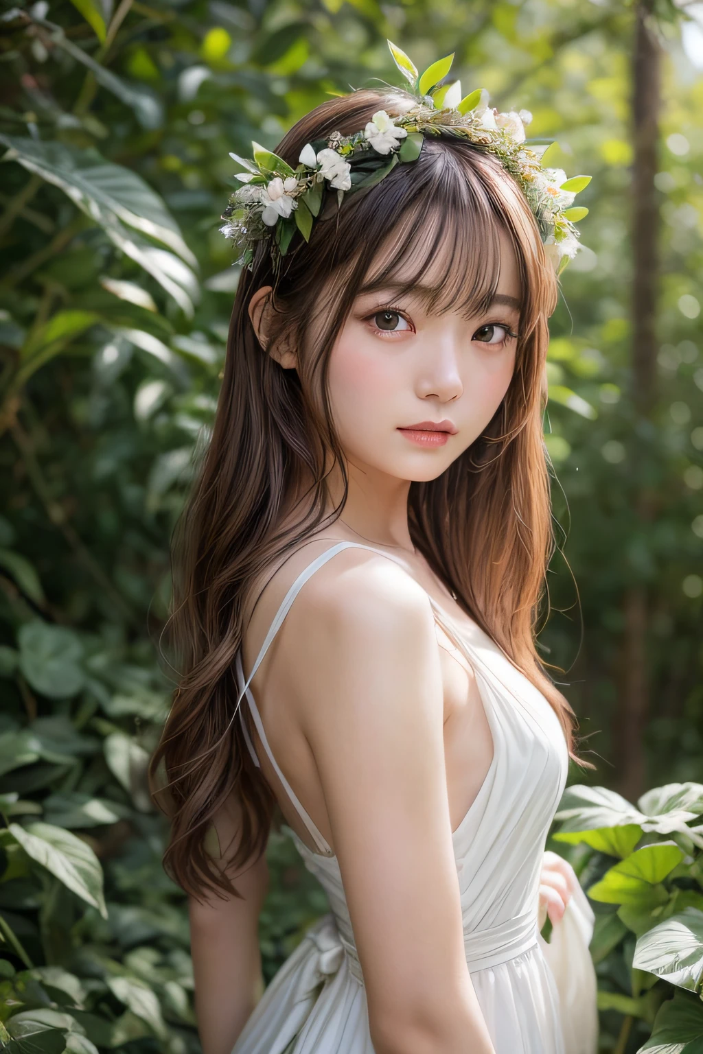 (top-quality、8K、masterpiece: 1.3)),Fairy Girl、Two people、Multiple people、 Girl in a light white dress of a fantasy elf、bare-legged、On the back there are transparent fairy wings、Ash brown hair、elvish,,Pure Idol、((Layered Hair Style、Colossal tits: 1.2)),Voluminous bust size、Wow big, masutepiece, Best Quality, wall-paper, ((Vitreous skin))) ,Photorealistic, In a mossy cave,High resolution, Detailed