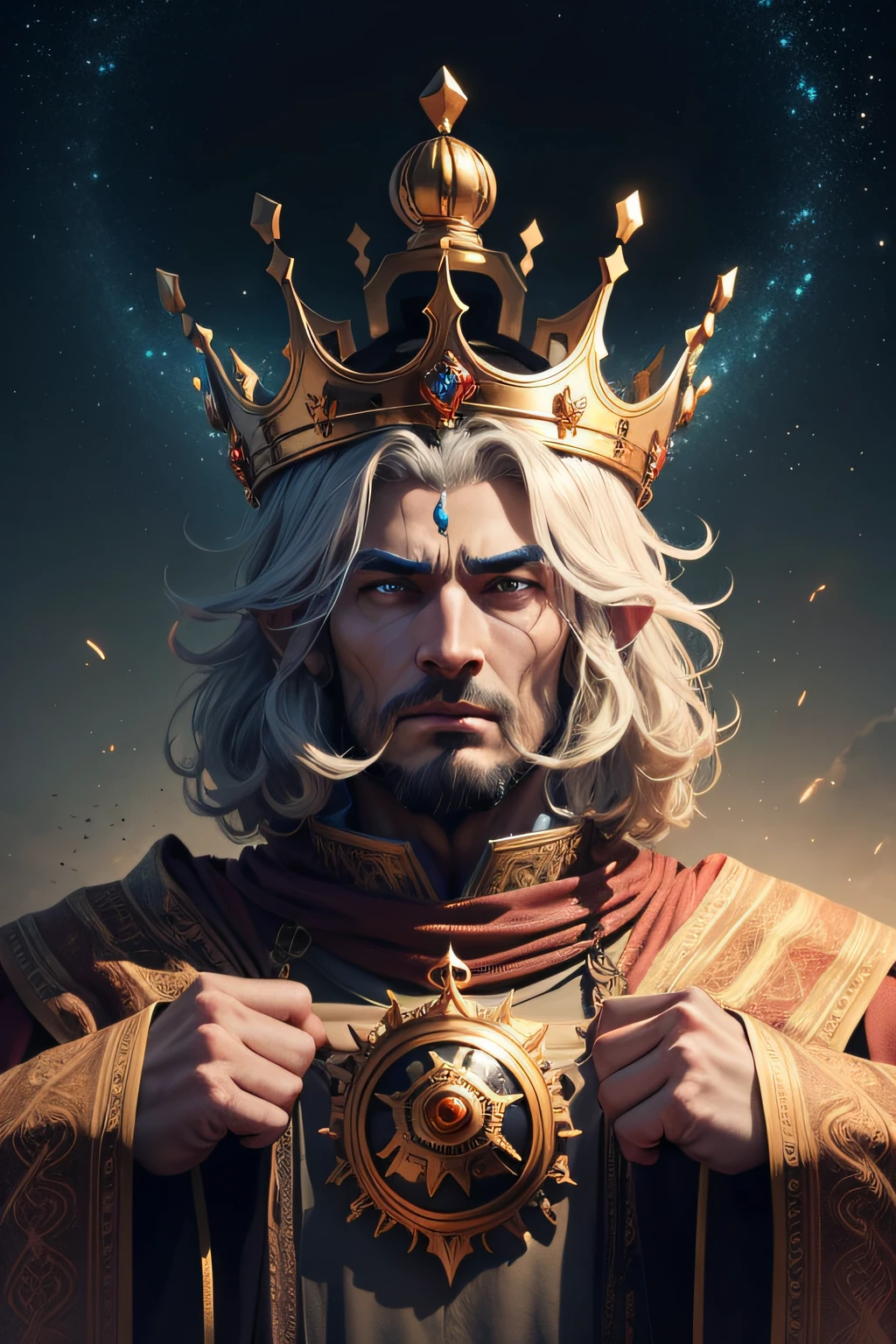 A gigantic alien king with his magnificently detailed crown that is so big that it is held by straps on his head