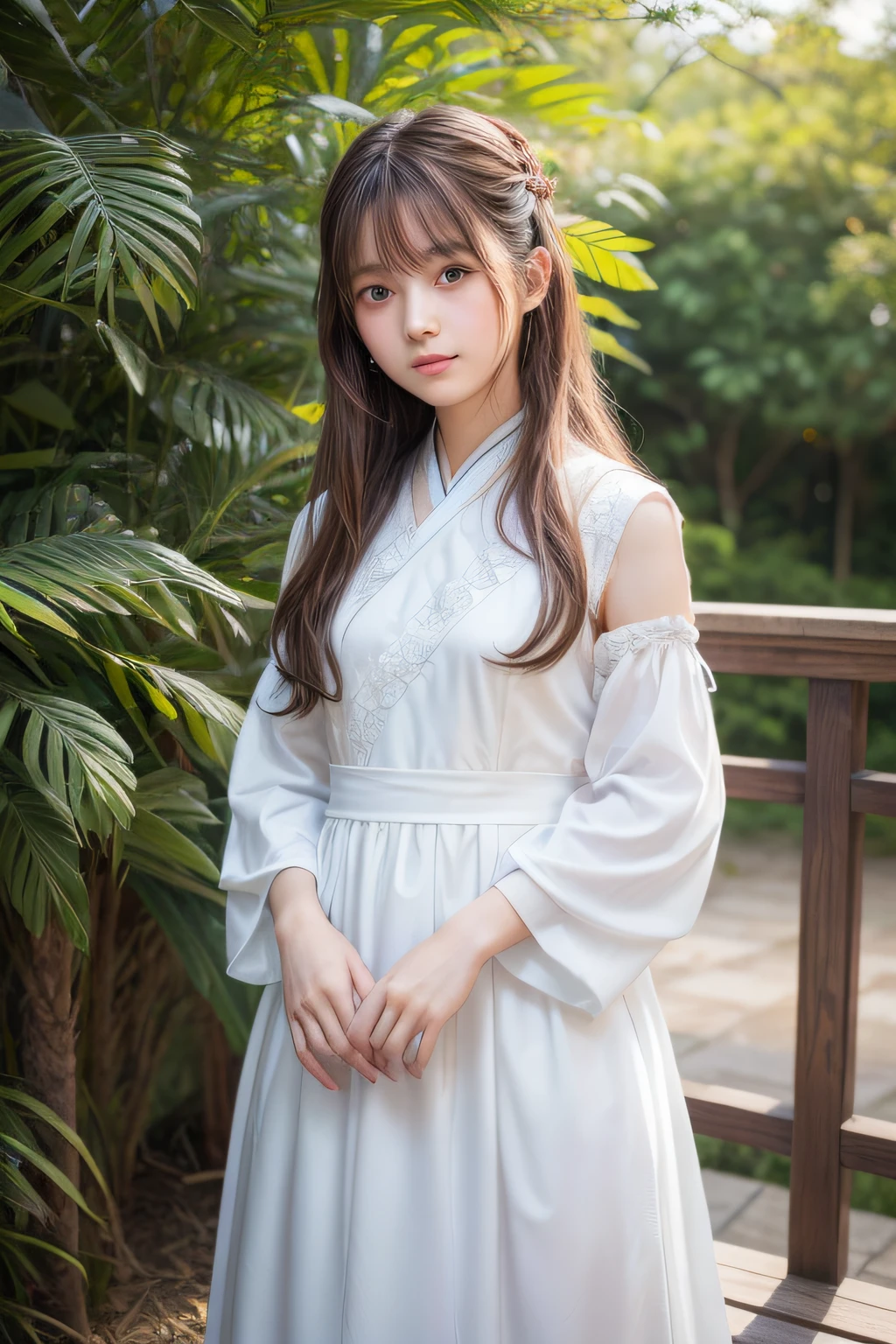 Top image quality、8K、​masterpiece：1.3))、Realistic high-quality photos、top-quality、girl cute-fine face、 beautiful Japan girl、Photo of slim little girl Beautiful girl model、young japanese girl、Young cute face、japanaese girl、13-year-old femaleodeautifModel Girl、The innocent look of the girl next door、lovely delicate face、Brown hair、Beautiful brown eyes、Tear bag、drooing eyes、young body、Ancient Chinese Dresses, Hanfu, Has nine tails, ((Long White Dress 1.5)), Standing, Blue eyes, Night, Wild Country 1.5, scared expression, (Highly accurate), (Mysterious), half,