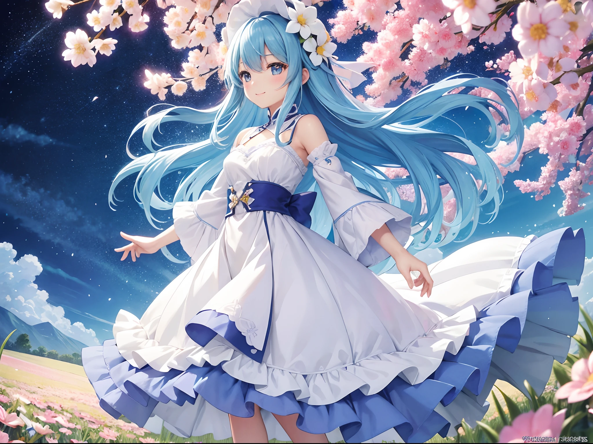 (High resolution、Ultra-detailed、Hmph、movie)、solo、One Girl、happiness、Girl Standing In Cosmos Flower Garden、Girl around the petals、Charming smile、Esbian all over、Girl with long blue hair、Light blue hair、Look forward、Fantasy、Official Art、Pop Art、profile、Ultra-detailed顔、Ultra-detailed目、Cosmos Flower Garden、Ultra Detailed Fields、White blue sky、 Shui Color、Blanche、Nebula in the sky、Watercolor、pastel colour