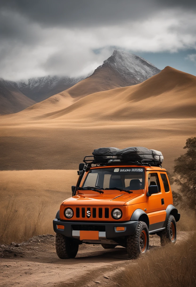 Suzuki jimny in orange with rounded corners, 4k image, using luggage rack for expedition, using mud tires, in the background images of a mountain, mud, happy driver, driver is wearing a cap and sunglasses, female passenger with long blonde hair, Suzuki jimny jb43, estilo desenho, carro todo na cor laranja, Inside the car a man with a cap and beard and a blonde and happy woman, carro passando em cima de uma pedra, estilo modo explorador, sujo de lama