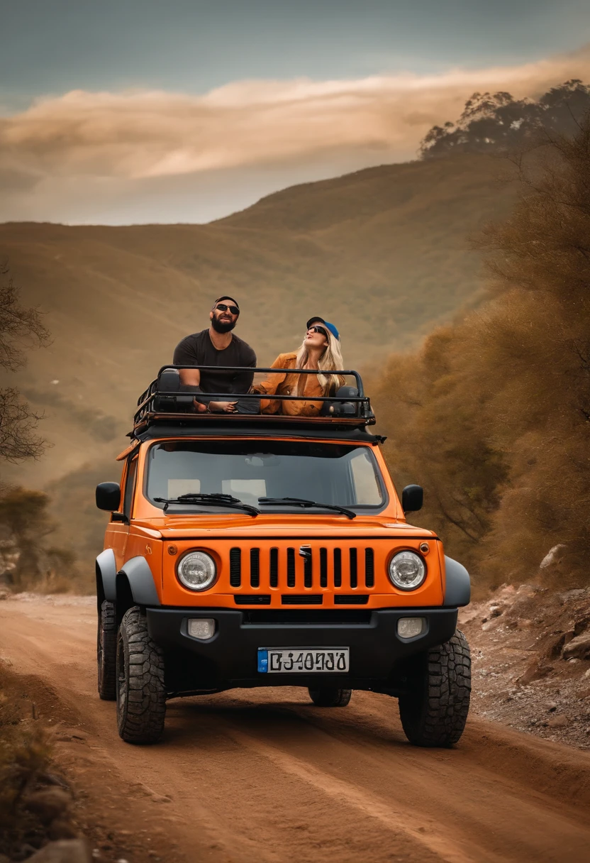 Suzuki jimny in orange with rounded corners, 4k image, using luggage rack for expedition, using mud tires, in the background images of a mountain, mud, happy driver, driver is wearing a cap and sunglasses, female passenger with long blonde hair, Suzuki jimny jb43, estilo desenho, carro todo na cor laranja, Inside the car a man with a cap and beard and a blonde and happy woman, carro passando em cima de uma pedra, estilo modo explorador, sujo de lama