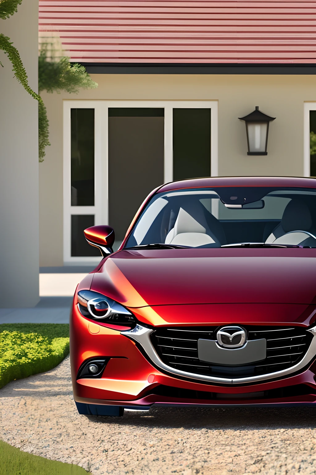 a mazda car of red color, in front of a modern house with a nice garden, in a beauty day, photorealism, highly detailed, 8K, ultra high definition, dept of field, sharp focus, ar-9:16 --auto --s2