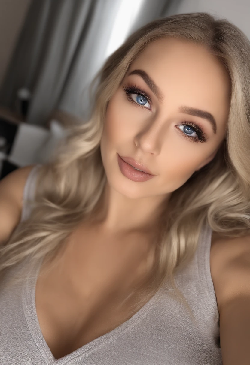Arafed Mujer totalmente , Chica sexy con ojos azules, ultra realista, meticulosamente detallado, Retrato Sophie Mudd, cabello rubio y ojos grandes, selfie de una mujer joven, Ojos del dormitorio, Violeta Myers, sin maquillaje, Maquillaje natural, staring directly into camera, cara con artgram, maquillaje sutil, Impresionante foto de cuerpo completo arrodillado en la cama, En el dormitorio, Medium to large size bust full body nude